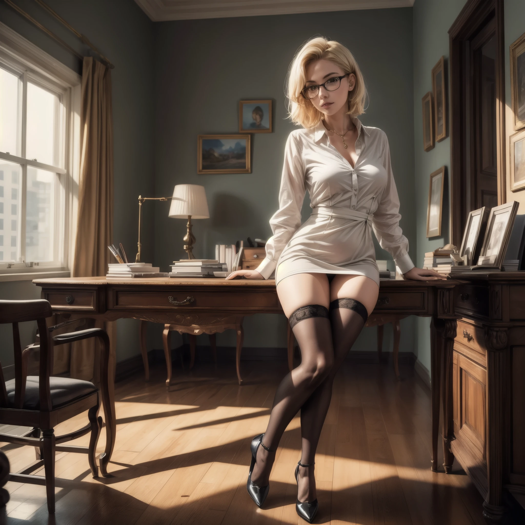 (best quality,4k,8k,highres,masterpiece:1.2),ultra-detailed, Blonde secretary, female, short blonde hair, glasses, short white dress, Yellow overshirt, thigh high black stockings, heels, sitting behind front desk of law firm, HDR, 8k, absurdres, cinestill 800, sharp focus, add_detail:2, (solo, woman)