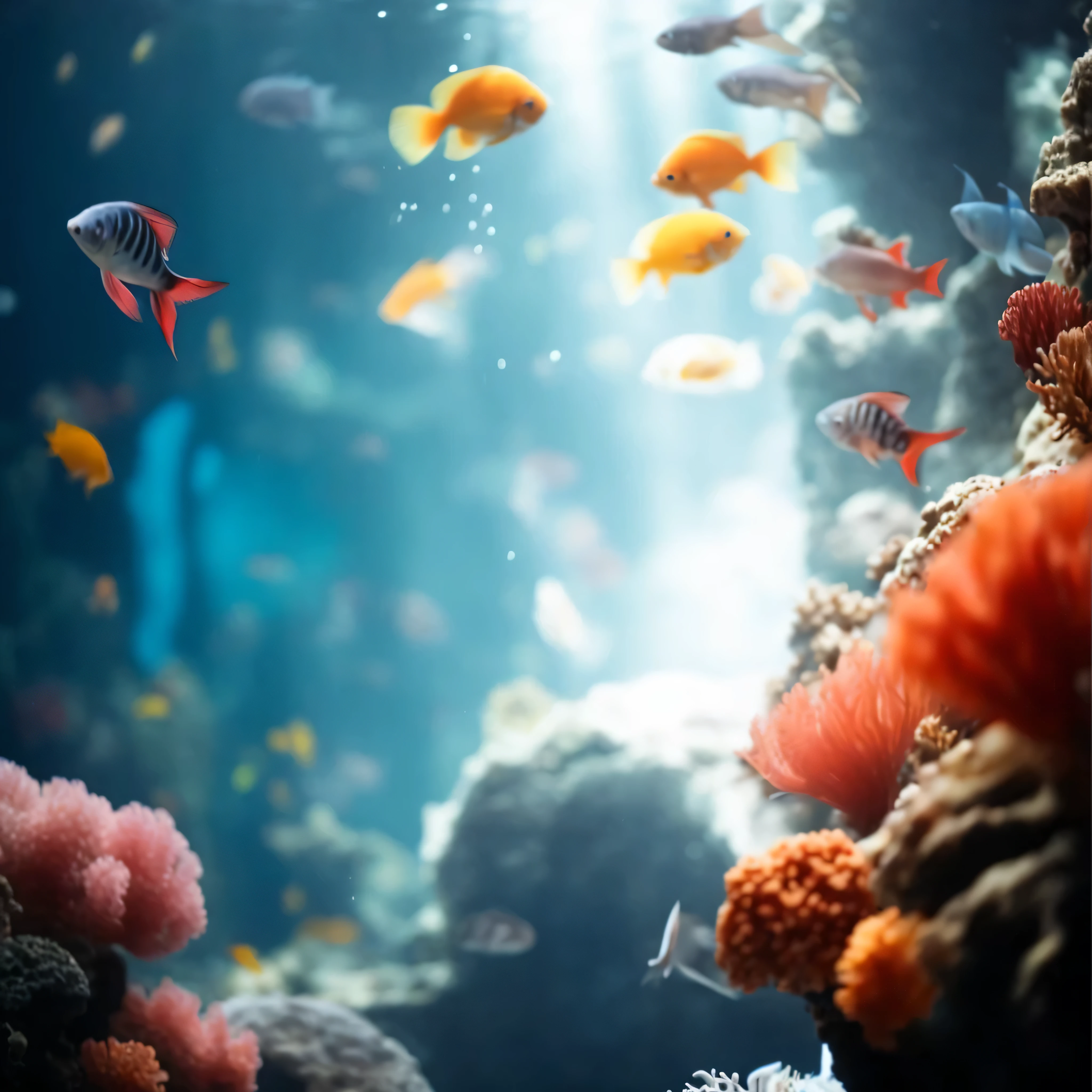 there are many fish swimming in a large aquariums with bright lights, fish swimming, Aquatic scene close-up, underwater world, see fish swimming, underwater scenery, underwater life, underwater scene, underwater scenery, fish儿在海洋里闪闪发光, seabed environment, aquariums, fish儿游来游去, fish, 在seabed, seabed, underwater environment, aquariums life, coral reef