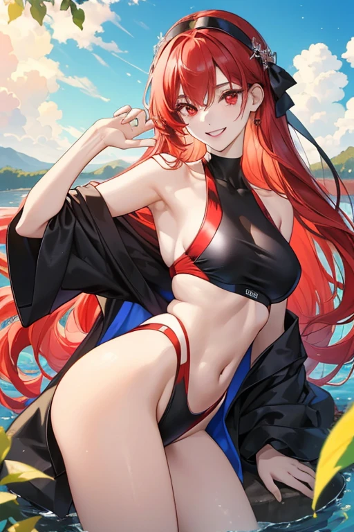Official fine art，masterpiece，sharp focus，（Beautiful gorgeous lovely Korean women：1.3），（Beautiful and cute Koreans：1.3），Korean beauty，exquisite beautiful hair、eyes and face，realistically，super detailed，a beautiful girl，Glowing white particles,(side light:1.2),Sunlight,Detailed cloud,thin and long,cute big ass,Toothy smile,((smile and open your eyes)),landscape,long, straight hair, sexy的面部表情,, dynamic hair, long, straight hair, Delicate redhead, luminous red eyes, (black swimsuit), pale skin, hair accessories, 史诗般的landscape,sexy
