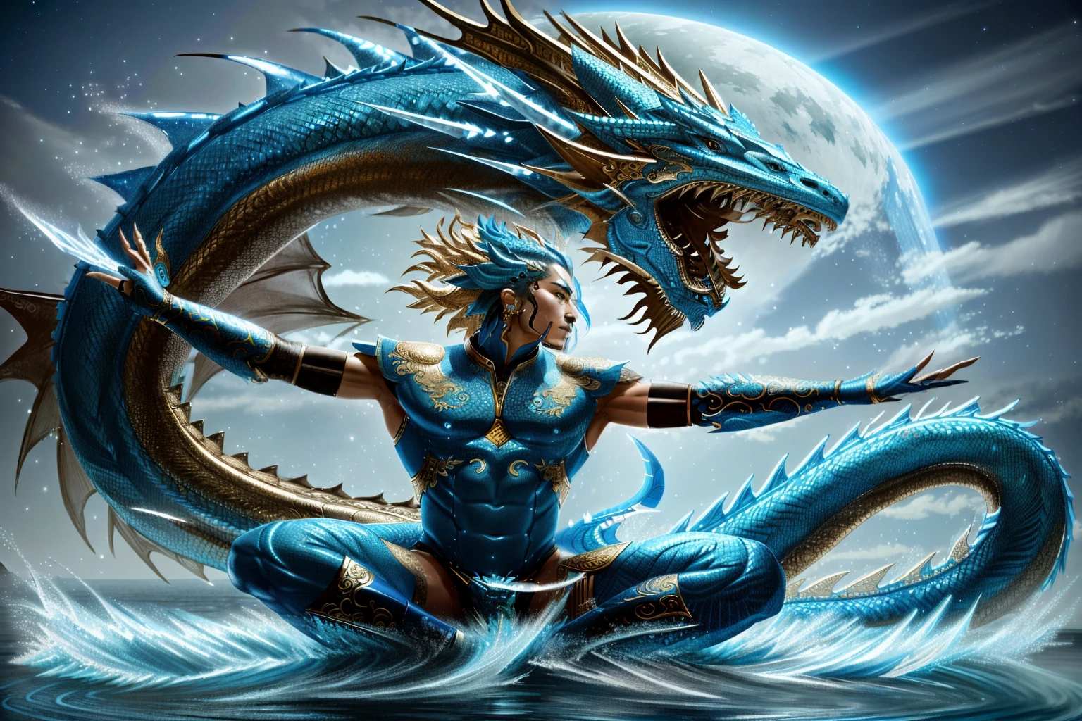 painting of a man sitting on a body of water with a dragon, human and dragon fusion, cyan chinese dragon fantasy, man with the soul of a dragon, naga-tirr, chinese fantasy, inspired by Ma Quan, inspired by Li Gonglin, water dragon, god of dragons, naga, inspired by Li Kan, inspired by Shen Quan, blue dragon