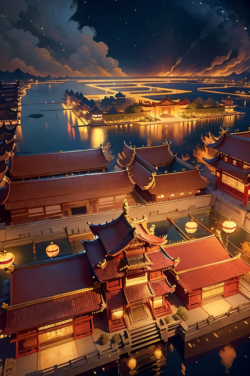 Overlook, traditional Chinese conceptual art, fireworks (1.3), lanterns, festive