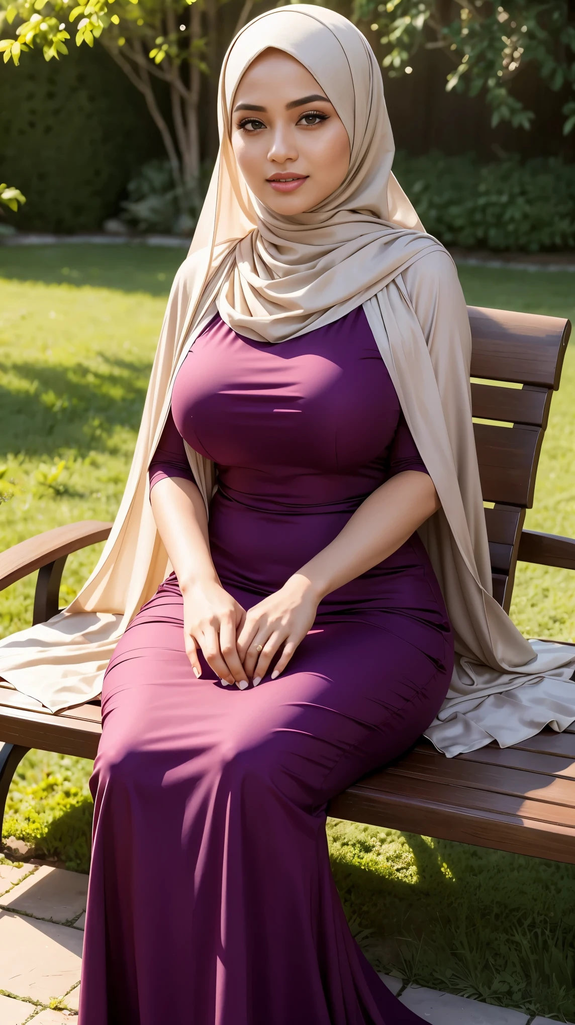 (Close Up),RAW, Best quality, high resolution, masterpiece: 1.3), beautiful Malay woman in hijab,Masterpiece, perfect  fit body, ((Huge breast)), big gorgeous eyes, Soft smile,beautiful face,thick thighs, muslim woman sitting on a bench with a purse and a purse, wearing an elegant long dress, lovely woman, wearing an elegant outfit, enjoying life!!! elegant, with lovely look, long dress female,long elegant dress, wearing beautiful clothes, hijab, wearing a wonderful dress, faridah malik, during sunset, beautiful woman , located in flower garden, Excellent lighting, Bright colors, Clean lines