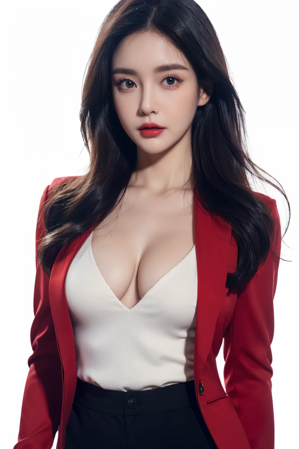 a woman, beautiful, amazing face and eyes, cosmetic, red glossy lips, (black suit jacket),(best quality), (Super detailed), (Extremely detailed CG unified 8k wallpaper),original photo, Professional photography, (standing), (White background),(black hair),big eyes,(Soft light source),(A little cleavage),(shorts)