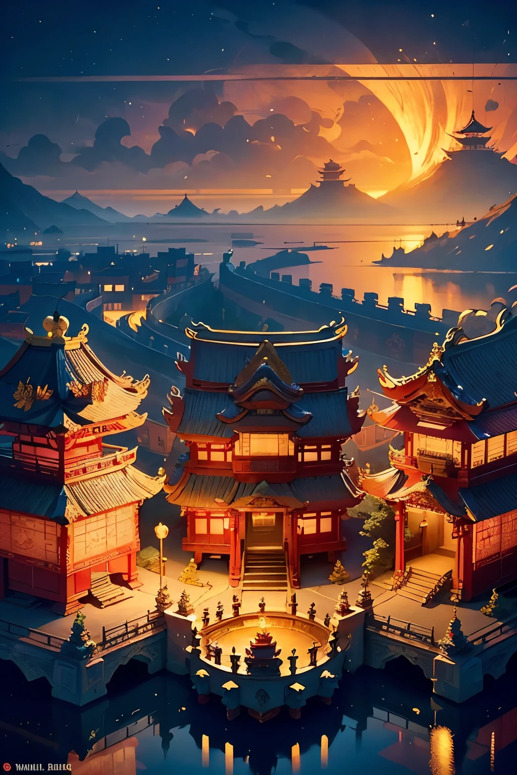 In the heart of a miniature landscape model, a serene Chinese Palace architecture stands proudly amidst an intricately designed cityscape. From a top view, we can distinguish the intricate roofs of the palace buildings, their red eaves adorned with golden dragons and phoenixes. The meticulously crafted city buildings surround the palace, their windows twinkling like stars in the night.

The festive atmosphere is palpable as the sun sets, and the night begins to unfold. Fireworks burst into vibrant colors against the darkened sky, their reflections dancing on the still waters of the palace moat. Lanterns cast a warm glow over the miniature world, their