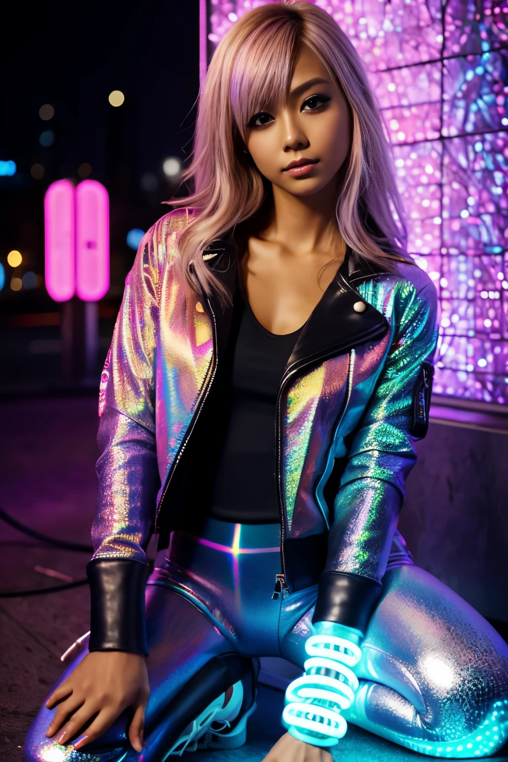 highest quality, super detailed,
BREAK
20-year-old girl, one girl, blonde, medium hair, half Japanese and American, Japanese gal, beautiful girl, big eyes, crisp double, outstanding style, tanned brown skin,
BREAK
(Futuristic leather jacket with neon trim, cybernetic leggings, holographic accessories, LED-lit sneakers:1.4),
BREAK
detailed realistic skin texture, smile, model body shape, full body,
BREAK
Tokyo Nights Illuminated by Neon