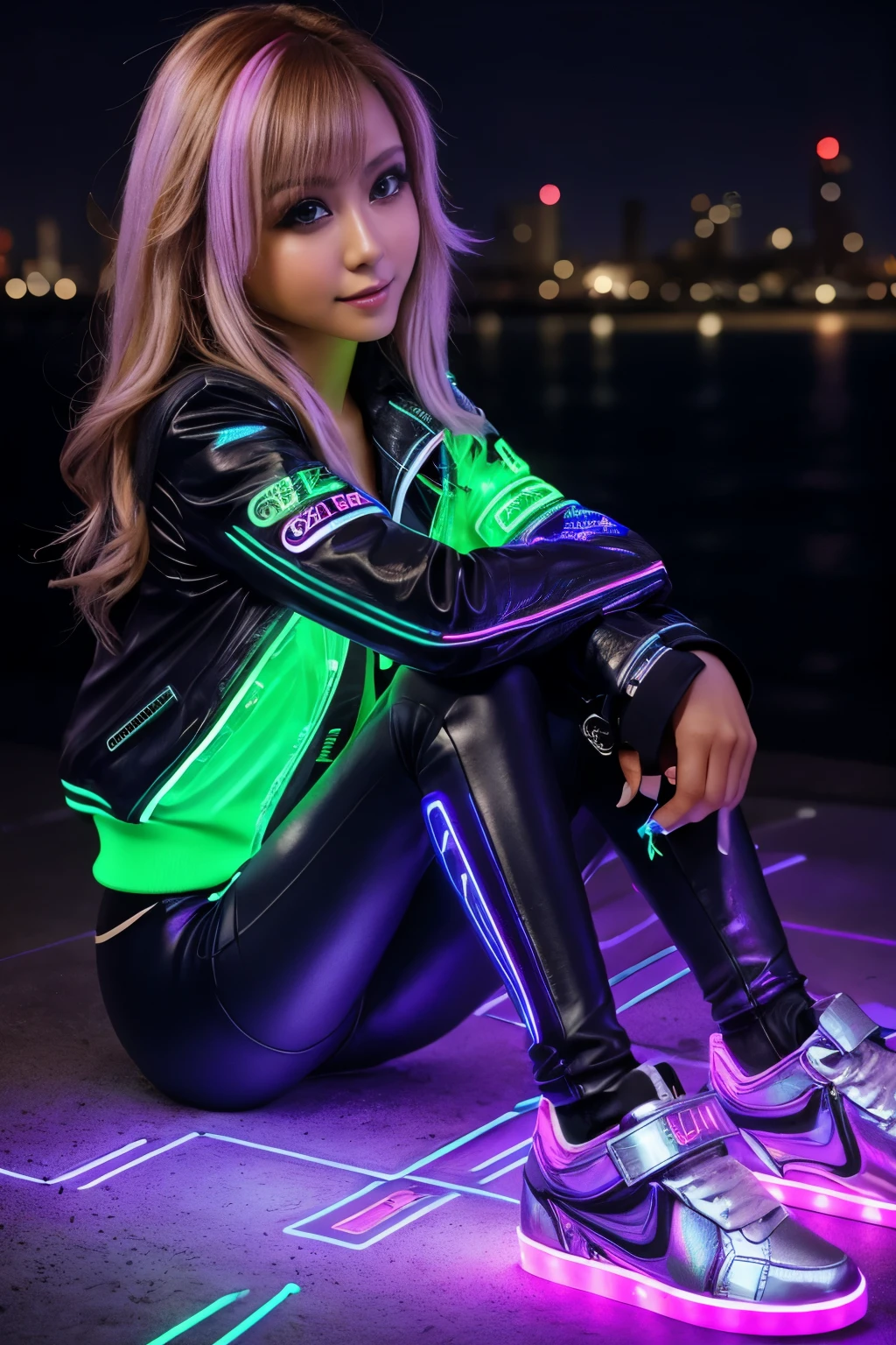 highest quality, super detailed,
BREAK
20-year-old girl, one girl, blonde, medium hair, half Japanese and American, Japanese gal, beautiful girl, big eyes, crisp double, outstanding style, tanned brown skin,
BREAK
(Futuristic leather jacket with neon trim, cybernetic leggings, holographic accessories, LED-lit sneakers:1.4),
BREAK
detailed realistic skin texture, smile, model body shape, full body,
BREAK
Tokyo Nights Illuminated by Neon