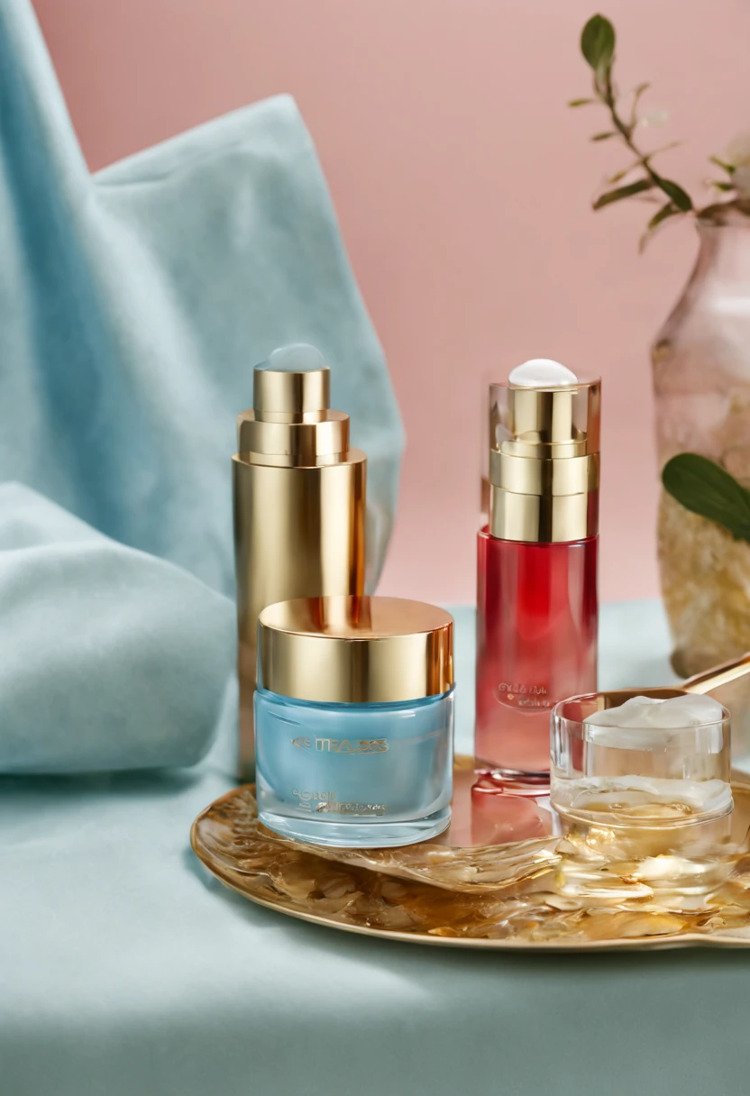Smart glass cosmetics, gold cap, light red container, light blue tablecloth,