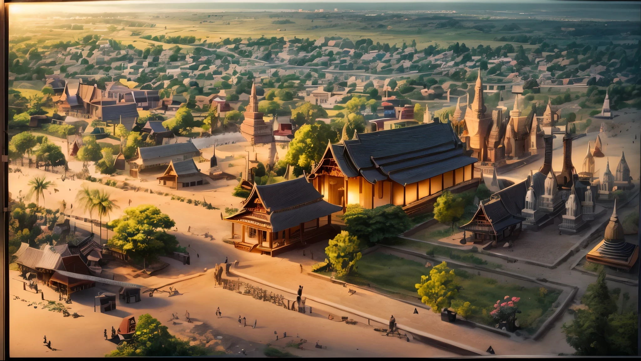 (Tilt-Shift:1.4), Villagers Village in thailand (extremely colorful, Best quality, high detailed, Masterpiece, Cinematic Lighting, 4K, Chiaroscuro)