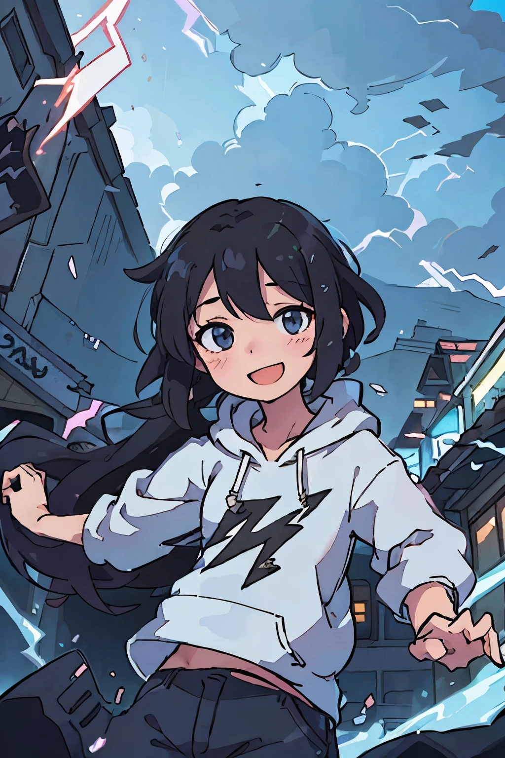 (best quality:0.8) perfect anime illustration, happy boy with black hair on a top building, wearing a hoodie, with lightning