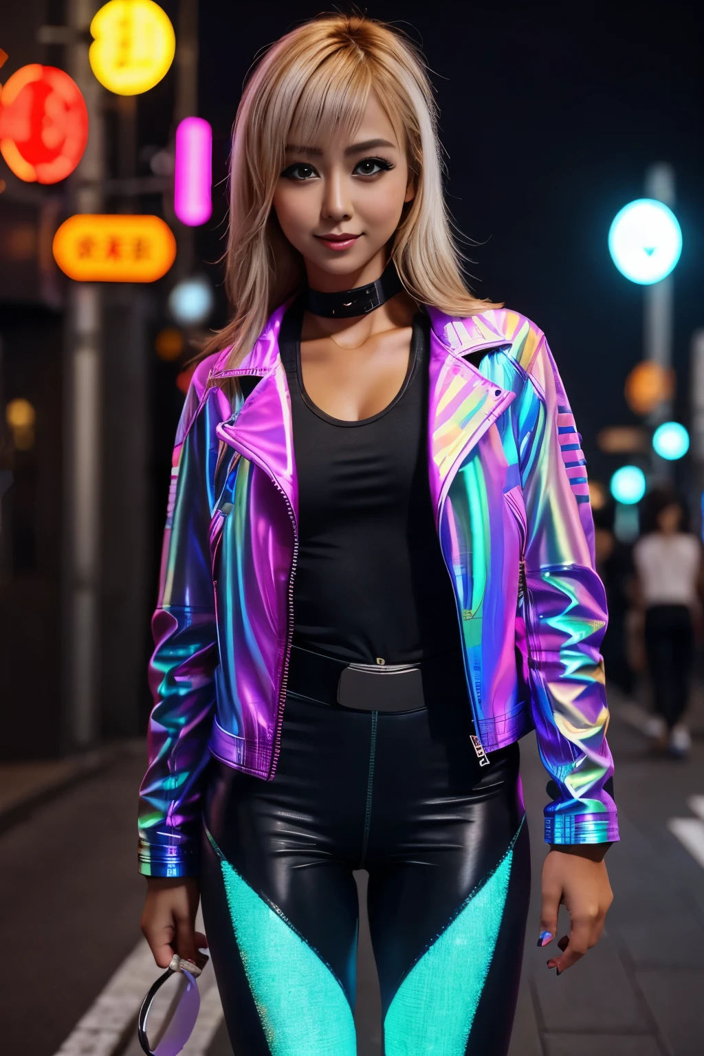 Realistic artwork of side light, moonlight,blush, Mesmerizing beautiful faced models ,22yo gorgeous model , fashion show ,cyberpunk city,cityscape,epic shapes, abstract, innovative, revolutionary, blue eyes, professional makeup, pink lipstick, eyeliner, eyelashes, very long dark shining hair, European Girl With Beautiful Mesmerizing face and a beautiful small nose,(((( full body shot)))) , high heels, golden ratio, neutral colors, epic beauty, transparent tulle busier, alluring full body shot, back shot, side shot, front shot, Realistic, Hyperrealism, lifelike realistic photography, ultra-detailed skin, professional studio quality and light, Extremely ultra high detailed face, full body shot, full body shot, full body shot, leather short cut jacket, mini skirt with embroidery , little busier inside,