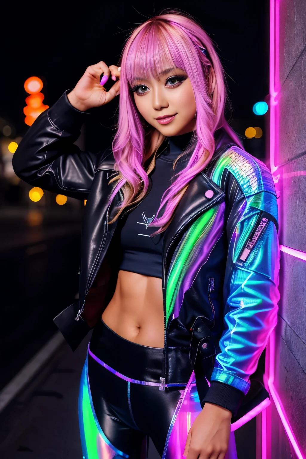 highest quality, super detailed,
BREAK
20-year-old girl, one girl, blonde, medium hair, half Japanese and American, Japanese gal, beautiful girl, big eyes, crisp double, outstanding style, tanned brown skin,
BREAK
(Futuristic leather jacket with neon trim, cybernetic leggings, holographic accessories, LED-lit sneakers:1.4),
BREAK
detailed realistic skin texture, smile, model body shape, full body,
BREAK
Tokyo Nights Illuminated by Neon