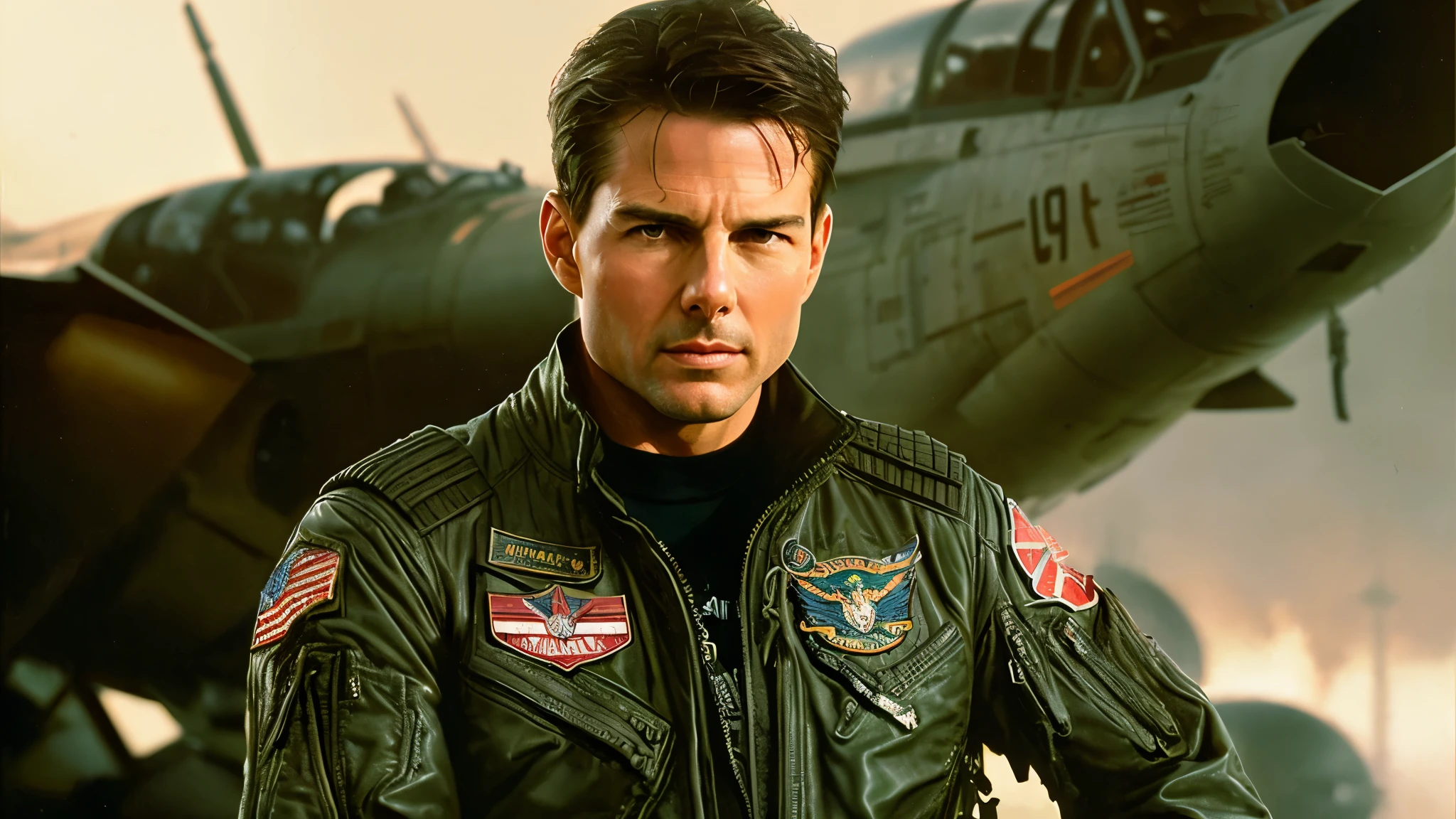 bald Tom Cruise of Top Gun, wearing glasses, no facial har, vhs effect, (poster: 1.2), poster on the wall, nostalgia, movie poster, (skin texture), intricately detailed, fine details, hyperdetailed, ray tracing, subsurface scattering, diffuse soft lighting, F-14 Tomcat airplanes detailed in the background, shallow depth of field, by (Oliver Wetter) majestic professional oil painting by Ed Blinkey, Atey Ghailan, Studio Ghibli, by Jeremy Mann, Greg Manchess, Antonio Moro, trend at ArtStation, trend at CGSociety, Intricate, High Detail, Sharp focus, dramatic painting and photorealistic art of (greg rutkowski:1.4), bokeh