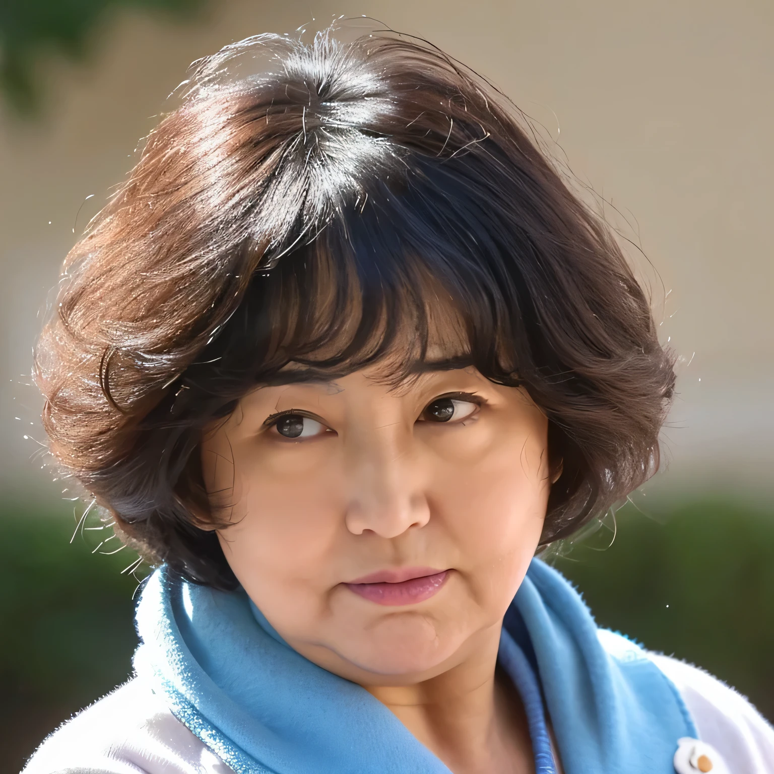 Saggy cheeks、big face、Are fat、Chubby,BMI29,I almost cry, troubled face, japanese woman, 55 years old, close up of face, wrinkles around the eyes, cute, have bangs, Fluffy perm hair, black short hair, troubled face, lowered eyebrows, complete lacrimal duct,45 degree angle、whole head