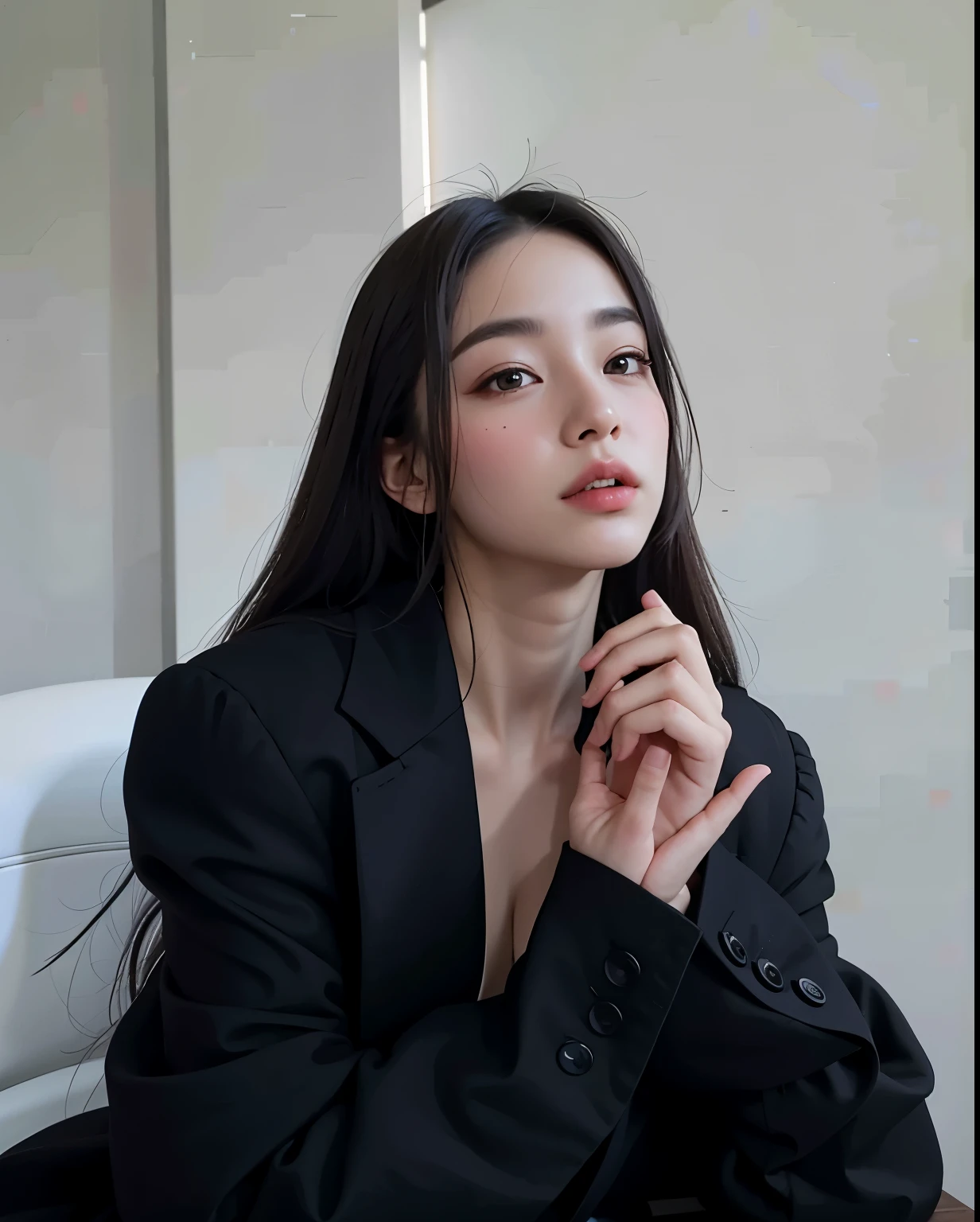 un primer plano de una mujer con traje negro sentada en una silla, chica con traje, chica en traje, muchacha coreana, hermosa mujer surcoreana, vistiendo un traje noble negro, con negro, hermosa joven coreana, modelo de moda femenina coreana, Jinyoung Shin, heonhwa choe, vistiendo traje negro, dilraba dilmurat, artista coreano