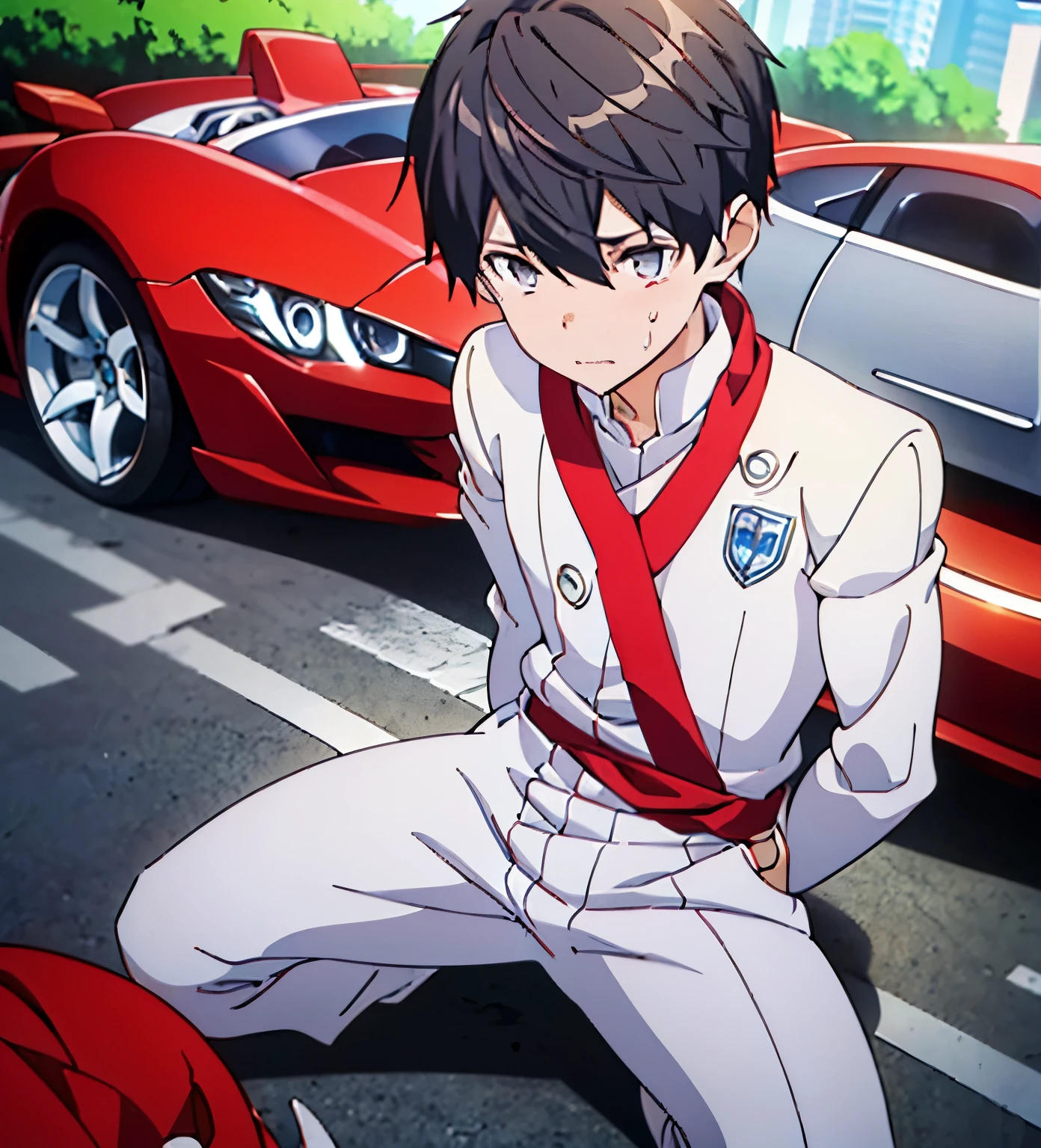 Game CG，8K quality，((young boy))，1 boy，Youthful feeling，Anime male protagonist，Brown reflective short hair，，16 years old，Mature teenagers，，male focus，Drenched，Pain and despair，Locomotive goggles，Pure white skin，red eyes，White and red racing car（tight）One-piece Pants，The crotch is bigger，White fingerless gloves，White racing boots，full body portrait，Defeated，gave in，damaged clothes，car damage，sit on the floor，is powerless，There are scars on the face，Car crashed，The scene of the car accident，and there is blood on the corners of your mouth，Fear，sad