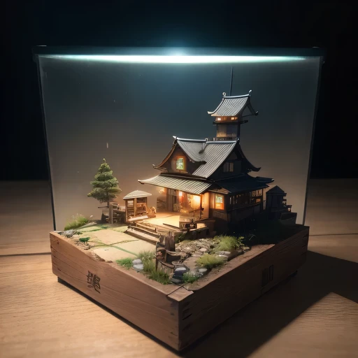 small realistic model, (bifurcation, original photo, best quality, masterpiece:1.4),Steampunk Cyberpunk1916 Moon Earth,(Cyberpunk light:1.3),on the table,horizon (related to land),(in a small nature box:1.3),Isometric, small nature, landscape on foundation,landscape,Distant focus((Lunar soil background))