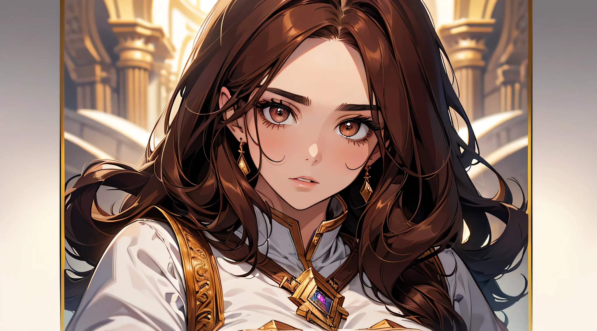 close up a portrait of a beautiful girl, thick brown hair, brown eyes, plump lips, face detailed, Such a Valeria, whose skin was exposed while in her undergarment, had been looking intently at the torso of a resplendent tabard with a serious expression since some time ago.