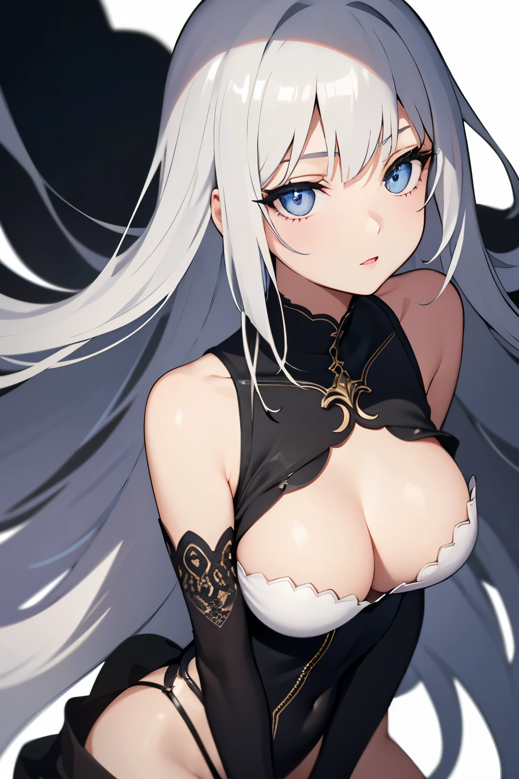 1girl, anime, cute girl, blank background, white background, fantasy, detailed dark fantasy dress with highlights, beautiful face, beautiful eyes, dark colors, silver hair, slightly small breasts, slight cleavage, beautiful skin, cute, breast curtains, extremely delicate and beautiful, (beautiful detailed face:1.0), (detailed deep eyes), symmetrical breasts, deep eyes, shiny skin, portrait, slender waist, hips wider than shoulders, thighs, young girl, expressionless, luminous eyes