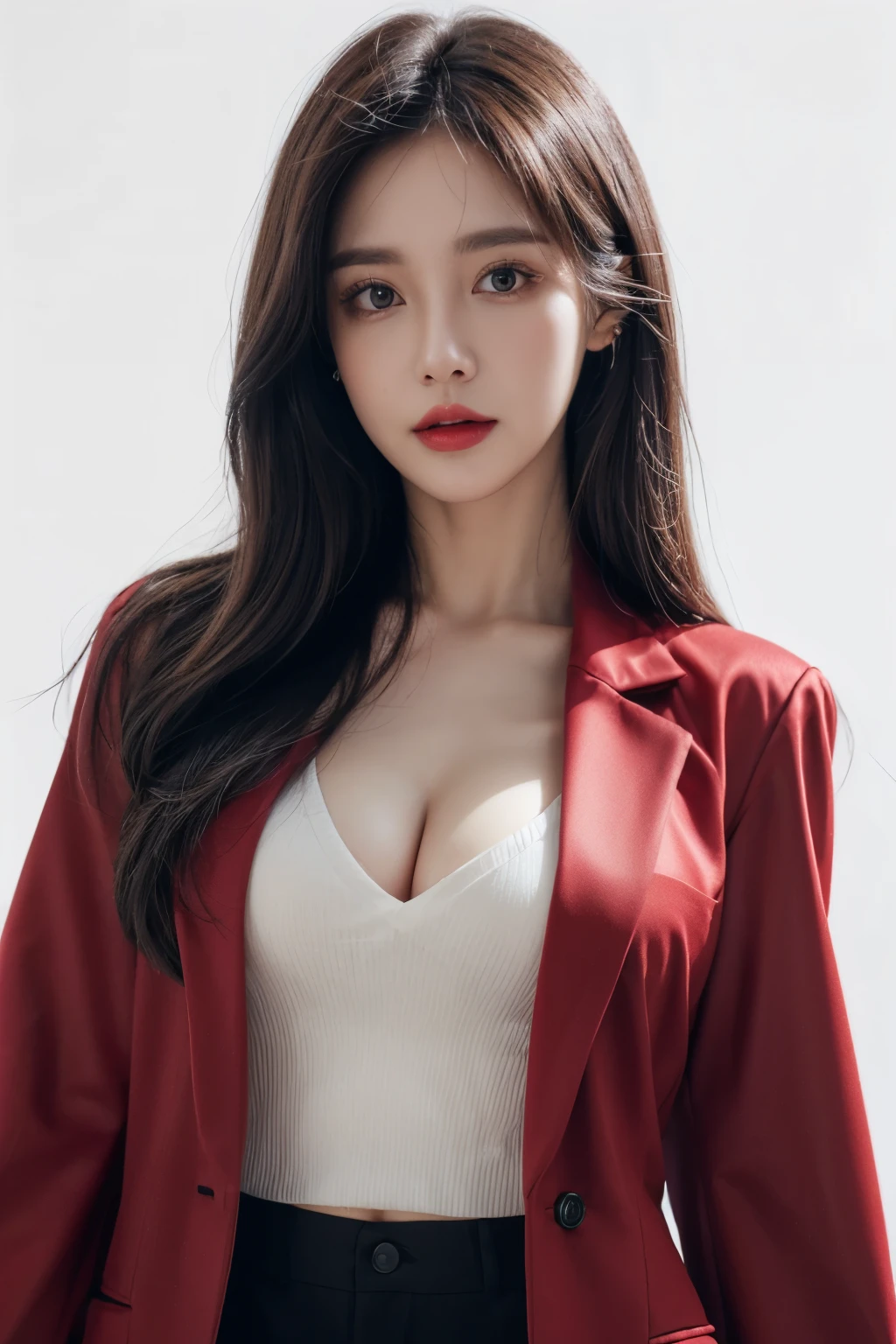 a woman, beautiful, amazing face and eyes, cosmetic, red glossy lips, (black suit jacket),(white vest),(best quality), (Super detailed), (Extremely detailed CG unified 8k wallpaper),original photo, Professional photography, (standing), (White background),(black hair),big eyes,(Soft light source),(A little cleavage),(shorts),