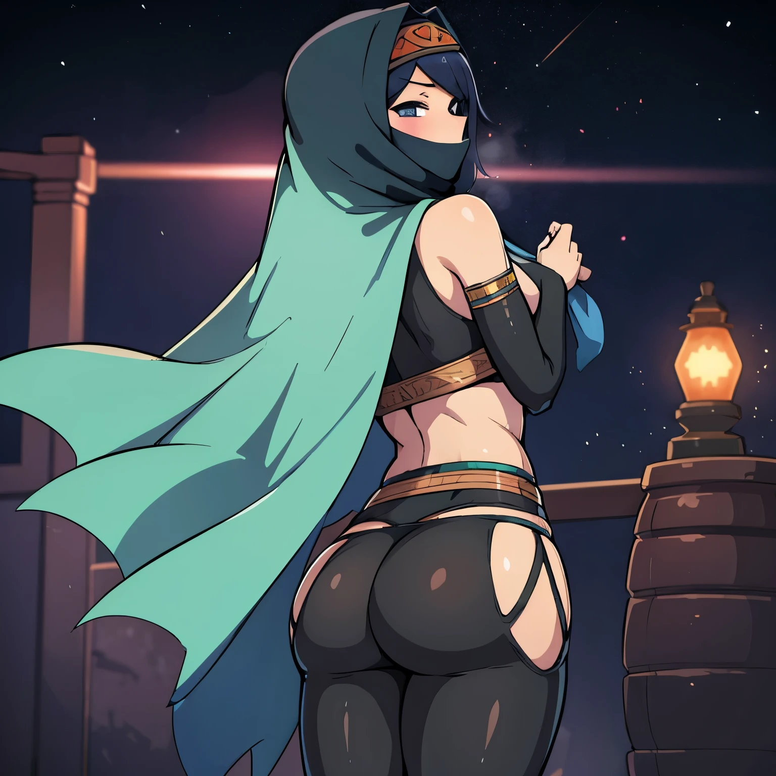 Anime style image of big ass muslim girl wearing arabic burqa back view, piel muy bronceada y oscura, He is looking back with a perverted smile while holding his own ass 