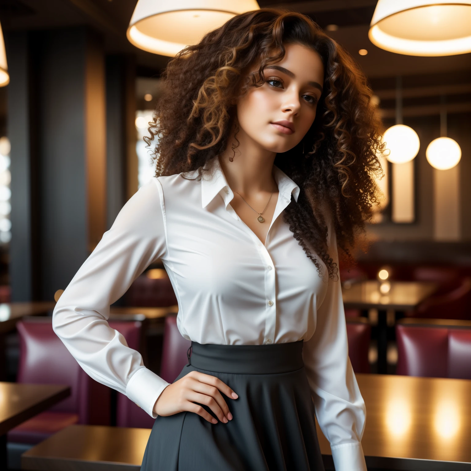 WOMAN WITH CURLY HAIR, skirt and blouse, detailed seductive eyes, in a modern restaurant, masterpiece, detailed, Romantic Style, best quality, wide diffuse light, backlighting, blooming, light flares, chromatic aberration, sharp soft focus