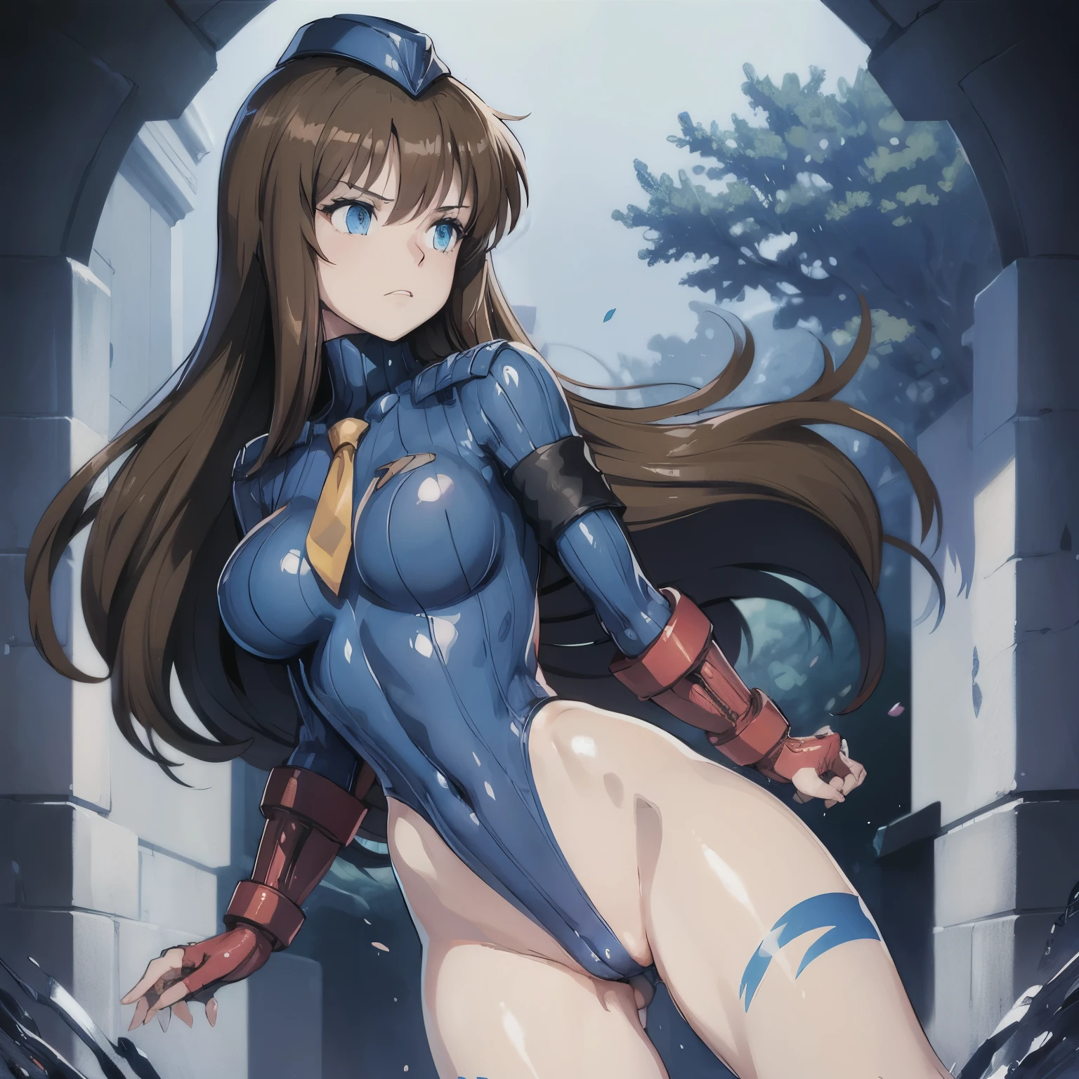 ultra-detailed, Explicit, Beautiful body, Beautiful Nose, Beautiful character design, perfect eyes, perfect face, ultra highres, 4K, beautiful legs, perfect legs, Nice hands, Perfect hand, Masterpiece, Best Quality, Highly detailed, illustration, absurdres, perfect anatomy, street fighter, doll suit, shadaloo doll, dollsuit, expressionless, blank eyes, looking at viewer, red gloves, emotionless, black latex, corrution, mind control, female combatant, full body, hypnotized, unhappy trance, full body suit, ribbed bodysuit, both arms at side, obey, perfect female body, extremely glossy latex, hypnosis, hypnoLora, empty eyes, Mind control device, poses, submissive_pose, Slave, sit down straight, sitting, sitting at attention, hat, necktie, belt, latex, ribbed bodysuit, thighhighs, garter belt, Fighting Stance, extending the right arm from the shoulder into the air with a straightened hand, military, thigh boots, 1girl, hair ornaments, brown hair, long hair, blue eyes, (((pixel-perfect, detail-perfect))), solo, 1girl, Mia Alice, Haja Taisei Dangaioh, evil smile, evil grin