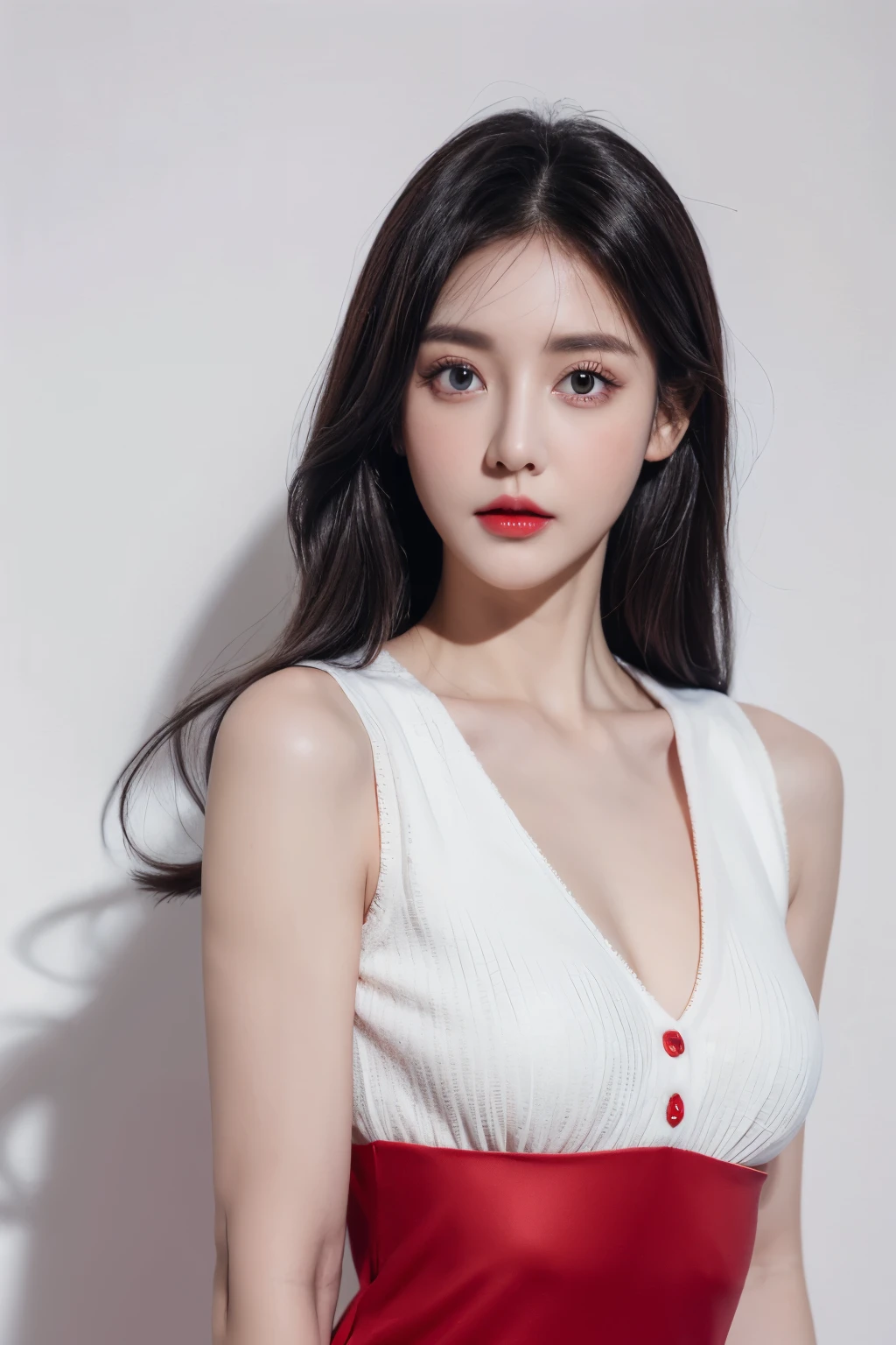 a woman, beautiful, amazing face and eyes, cosmetic, red glossy lips, (Small dress),(white vest),(best quality), (Super detailed), (Extremely detailed CG unified 8k wallpaper),original photo, Professional photography, (standing), (White background),(black hair),big eyes,(Soft light source),(A little cleavage),