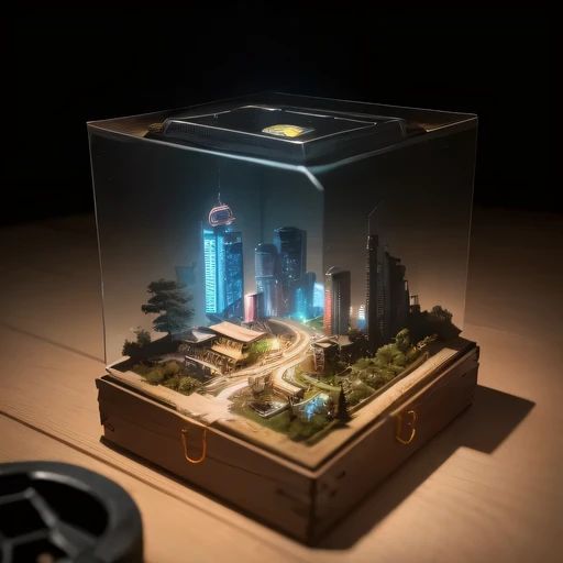 small realistic model, (bifurcation, original photo, best quality, masterpiece:1.4),Steampunk Cyberpunk 3916,(Cyberpunk light:1.3),on the table,horizon (related to land),(in a small nature box:1.3),Isometric, small nature, landscape on foundation,landscape,Distant focus((Lunar soil background))