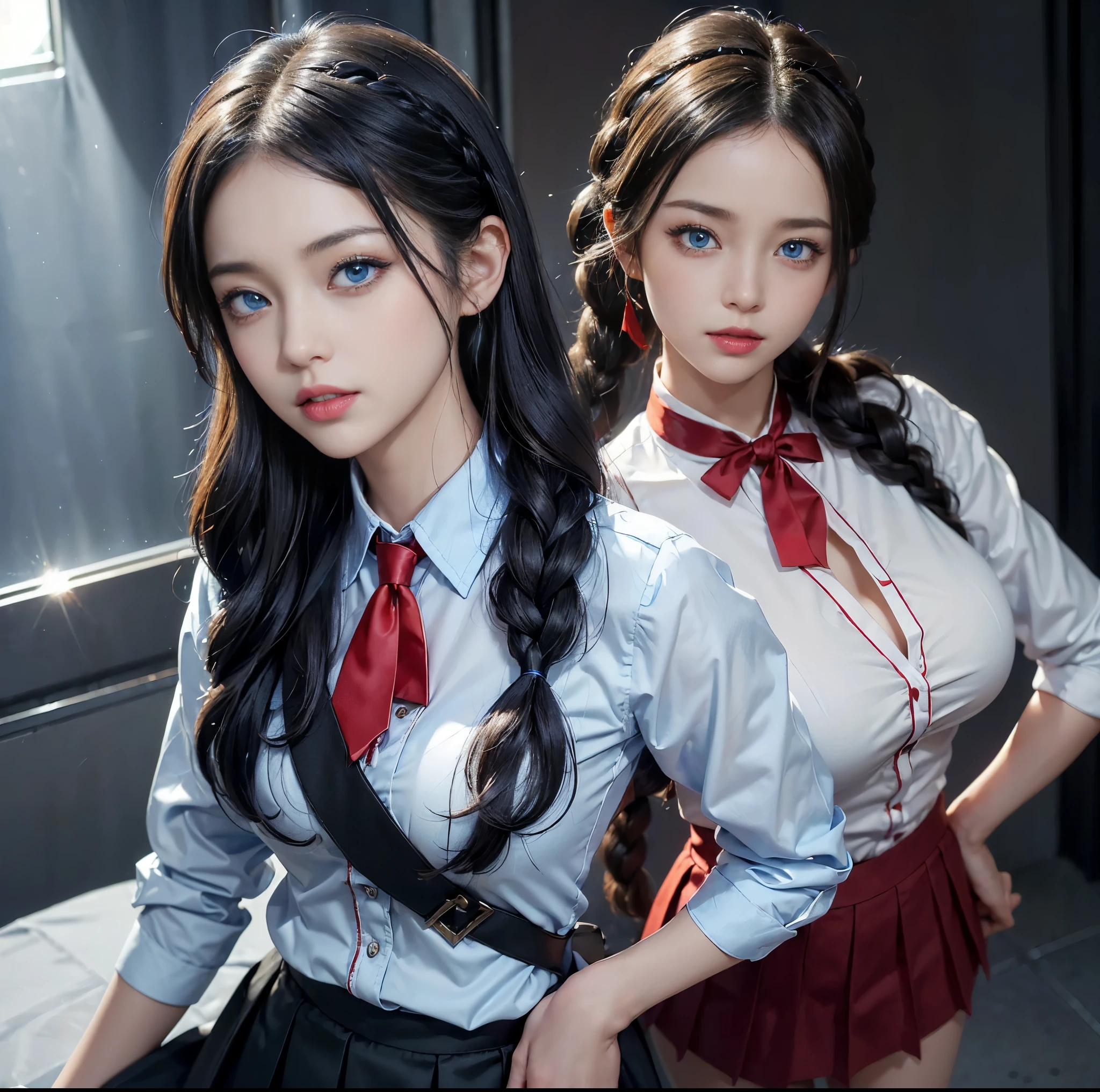 top-quality、 masterpiece、(Professional lighting without shadows)、 A hyper-realistic、 Bewitching、 perfect anatomia、 Two girls, (Girl proudly standing in front of camera shows off high school girl uniform ribbon ties、Another girl on the other side、Bend over and stick your butt out towards the camera), ( Huge breasts:1.2), (Bright and even whitening skin without wrinkles and steps), (Bright beautiful blue eyes with long black eyelashes and red tear bags reflected light:1.5)、 (Braided half-up hair with bangs:1.2), (Her outfit is、Dress up cramped uniform accurately:1.3), (Proudly showing off a crimson ribbon tie from the front:1.2), (Another girl on the other side、To beautifully emphasize the proud ultra mini pleated skirt、Showing off a pose with the buttocks exposed from directly behind:1.3), (Beautiful face squinting in dazzling light:1.4), ssmile, ishiharasatomi,