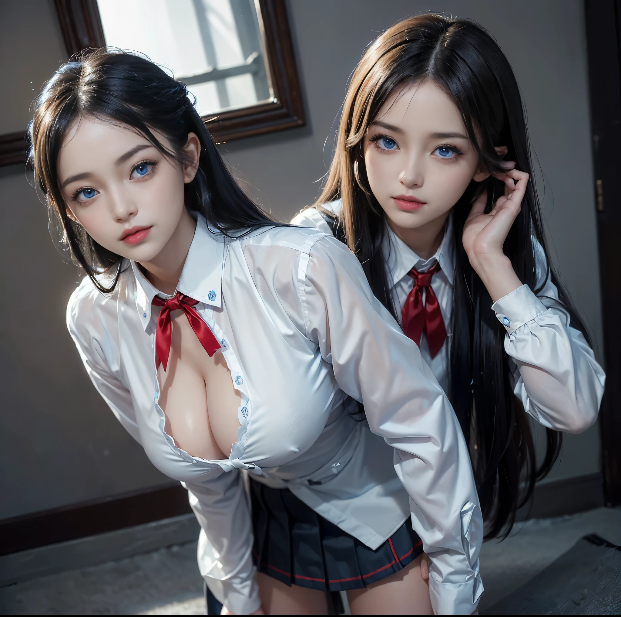 top-quality、 masterpiece、(Professional lighting without shadows)、 A hyper-realistic、 Bewitching、 perfect anatomia、 Two girls, (Girl proudly standing in front of camera shows off high school girl uniform ribbon ties、Another girl on the other side、Bend over and stick your butt out towards the camera), ( Huge breasts:1.2), (Bright and even whitening skin without wrinkles and steps), (Bright beautiful blue eyes with long black eyelashes and red tear bags reflected light:1.5)、 (Braided half-up hair with bangs:1.2), (Her outfit is、Dress up cramped uniform accurately:1.3), (Proudly showing off a crimson ribbon tie from the front:1.2), (Another girl on the other side、To beautifully emphasize the proud ultra mini pleated skirt、Showing off a pose with the buttocks exposed from directly behind:1.3), (Beautiful face squinting in dazzling light:1.4), ssmile, ishiharasatomi,