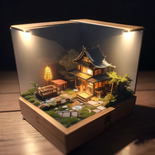 small realistic model, (bifurcation, original photo, best quality, masterpiece:1.4),Steampunk Cyberpunk 3916,(Cyberpunk light:1.3),on the table,horizon (related to land),(in a small nature box:1.3),Isometric, small nature, landscape on foundation,landscape,Distant focus（（Lunar soil background））