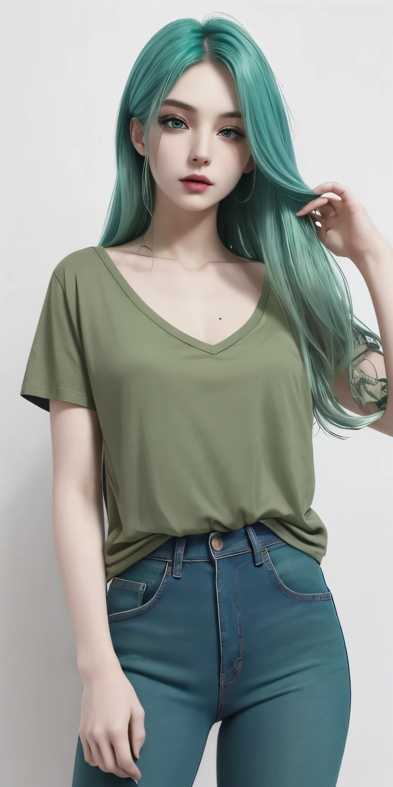 Masterpiece, best quality, 1girl, solo, 23 years old, adult, teal and green hair, aqua eyes, voluptuous, toned, 167cm, pale skin, seductive expression, olive green tshirt v neck, jeans,