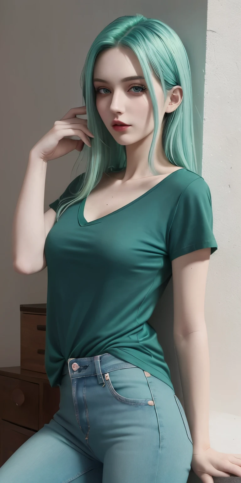 Masterpiece, best quality, 1girl, solo, 23 years old, adult, teal and green hair, aqua eyes, medium breasts, toned, 167cm, pale skin, seductive expression, olive green tshirt v neck, jeans,
