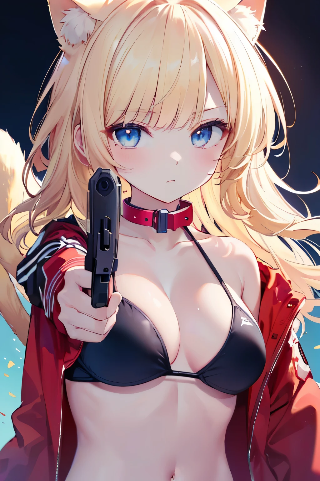 (best quality), (masterpiece), (solo), ((upper body)), catgirl, (blue eyes), ((cat ears)), (long blonde hair), (yellow cat tail), ((big lush breasts)), ((red open jacket, black bikini, pet collar)), ((glossy skin)), serious expression, ((aiming at the viewer with a glock:1.45)), (night background)),