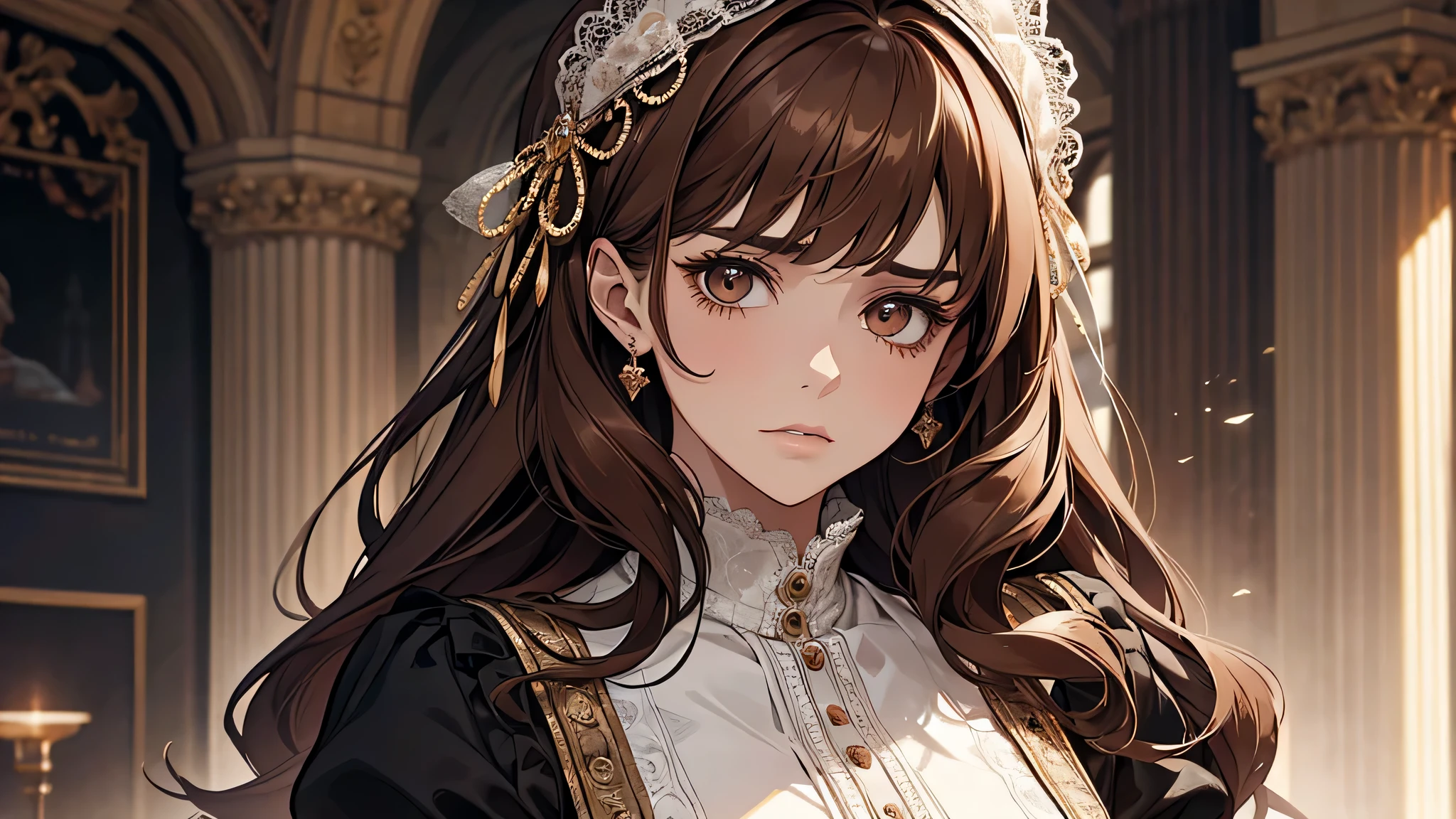 a beautiful girl, highly detailed face, thick brown hair, brown eyes, old noble snobbish lady, she look a bit scared and ask if she is dissatisfied with something of this clothing or somehting. But rather than dissatisfied, she looks aloof