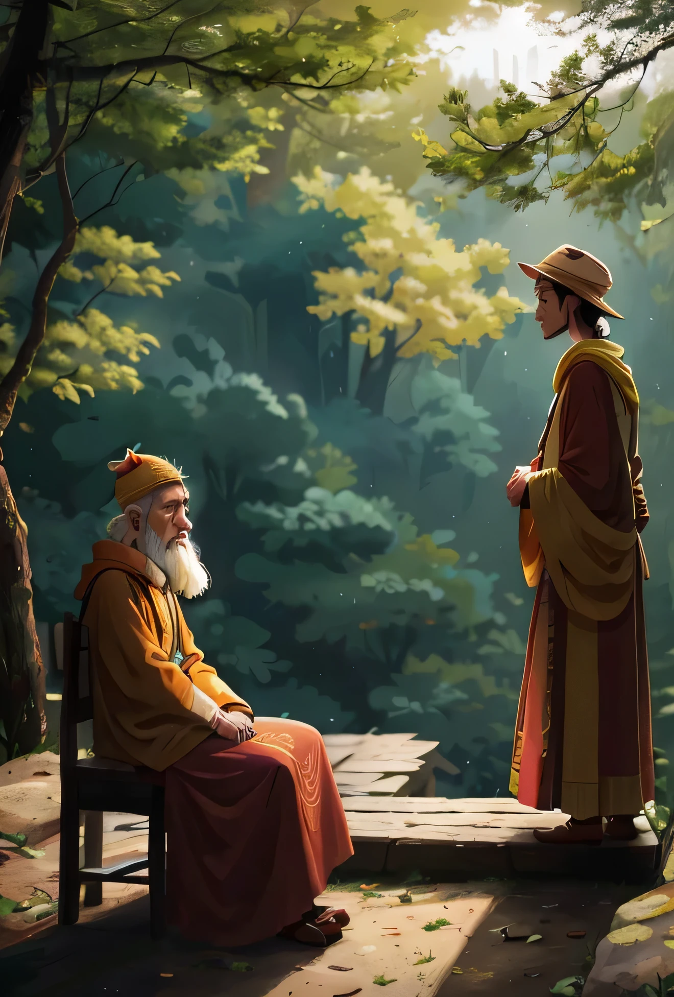 wise man sitting on chair,Problem man confronts wise man,Diagonal composition,Wide-angle lens,ancient wooden chair,Loose robes,a fisherman's hat,Mystical wisdom,mountain forest,Illuminated by sunlight,warm color,Calm thinking,Confused exploration,Wisdom Enlightenment。
