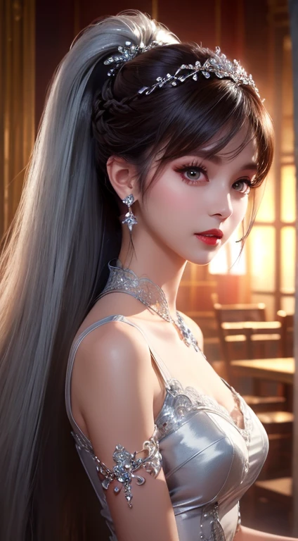8k ultra high definition, masterpiece, best quality, a beautiful girl, long hair, Impressive hairstyle, Royal hair accessories, Very cute face, flawless face, jewelry earrings, Antique jewelry, Detailed eyes, beautiful eyes, Detailed makeup, Thin eyebrows, Beautiful red lips, medium breasts, silver fishnet stockings, Thin silver silk shirt with many white patterns, White lace shirt, Long bangs and long platinum ponytail, photorealistic colors, magic effect, Hanfu background, look directly at the audience, Full body capture,