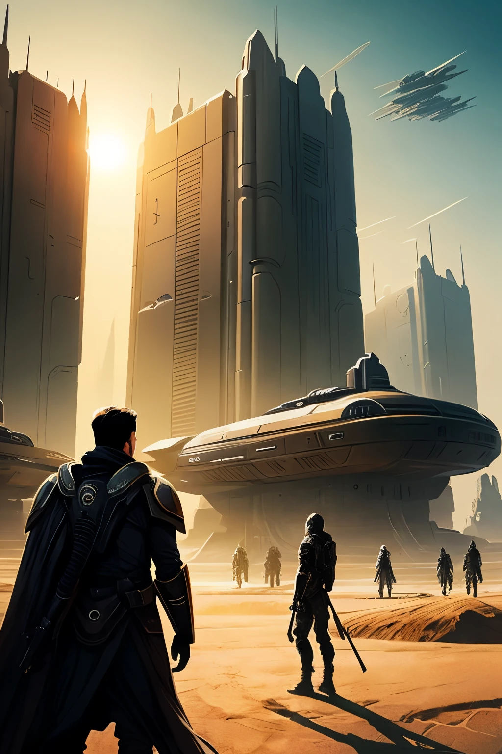 A beautiful art where Some persons looking around, looking Dune concept art,Clean and neat tones,Sci-fi base scene,Huge scene,Square-shaped complex,huge buildings,There are many ships in the air,Size contrast,Big scenes of war,smog,epic concept art,Fine 8K,vray,Wasteland Science Fiction