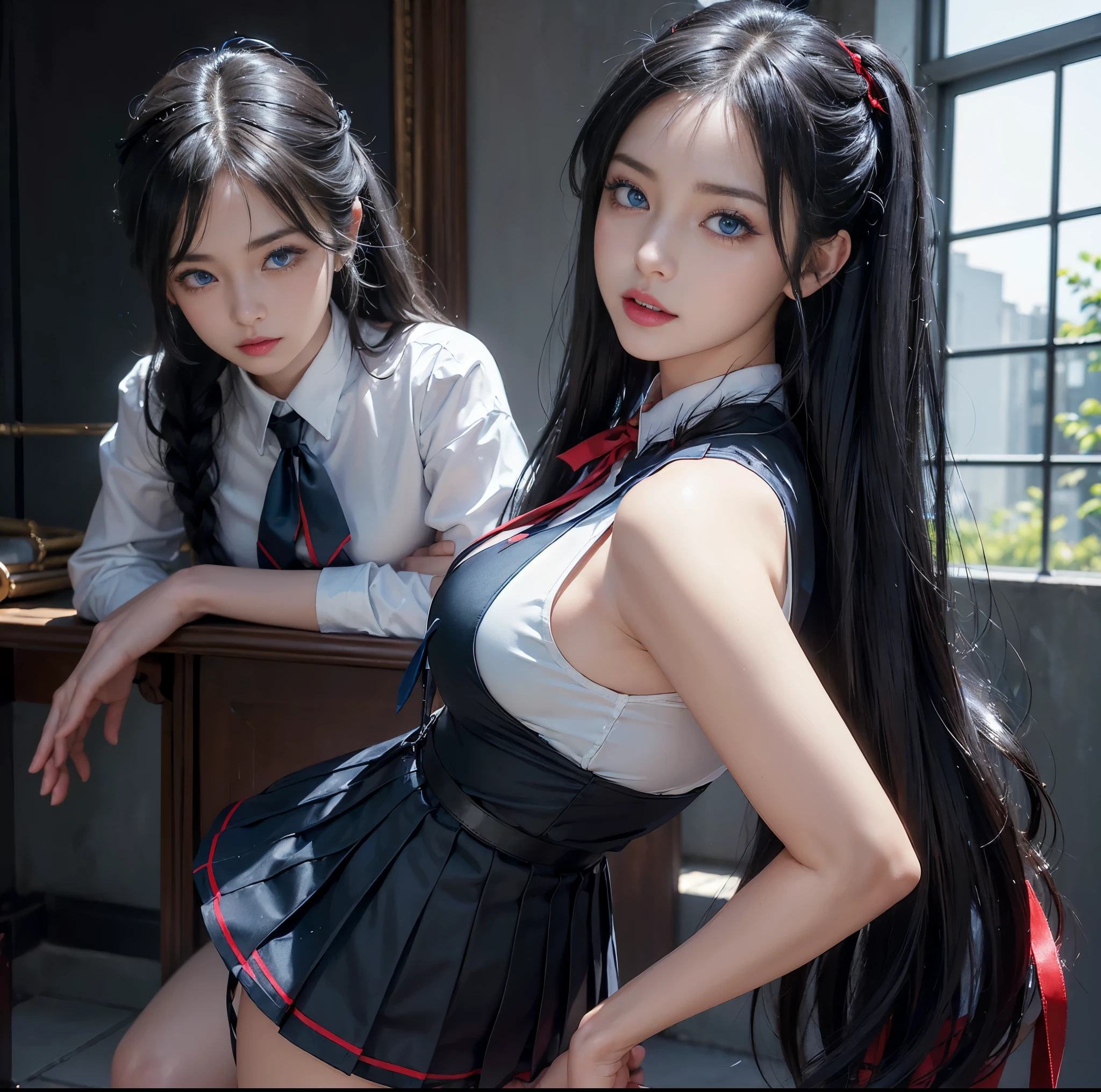 top-quality、 ​masterpiece、(Professional lighting without shadows)、 A hyper-realistic、 Bewitching、 perfect anatomia、 Two girls, (Girl proudly standing in front of camera shows off high school girl uniform ribbon ties、Another girl on the other side、Bend over and stick your butt out towards the camera), ( Huge breasts:1.2), (Bright and even whitening skin without wrinkles and steps), (Bright beautiful blue eyes with long black eyelashes and red tear bags reflected light:1.5)、 (Braided half-up hair with bangs:1.2), (Her outfit is、Dress up cramped  uniform accurately:1.3), (Proudly showing off a crimson ribbon tie from the front:1.2), (Another girl on the other side、To beautifully emphasize the proud ultra mini pleated skirt、Showing off a pose with the buttocks exposed from directly behind:1.3), (Beautiful face squinting in dazzling light:1.4), ssmile, ishiharasatomi,