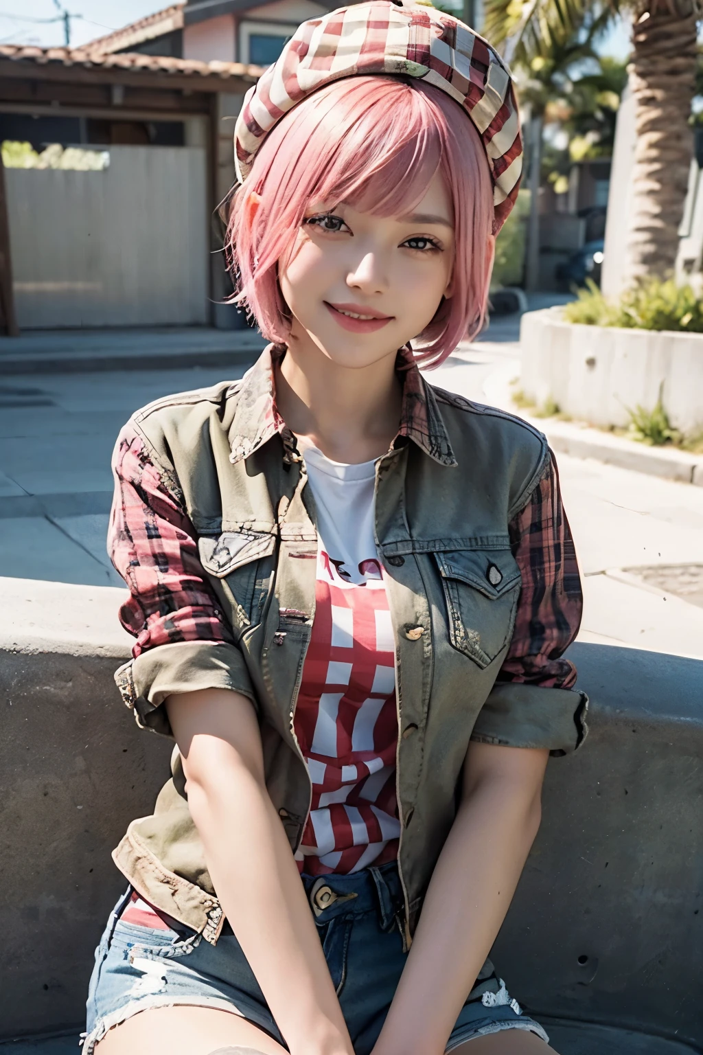 (8K, top-quality, masterpiece:1,2), (reallistic, Photorealsitic:1.37), Super Detail, One girl,), (Highly detailed), (beautifully detailed eyes), (of the highest quality), (super detailed ), (masterpiece), (Detailed face),20yr old, ,1 girl, ((pink hair,Very short hair)), medium breasts, clothed, Perfect Lighting, BREAK (brown denim jacket:1.3), (red check shirt:1.4), (white T-shirt:1.2), (khaki shorts:1.3), casual silhouette, burger motif pin, brown socks, sneakers, cap, BREAK upper body to knee, pink very short hair, bangs on left side, smiling, looking at camera, raising right hand to hat brim, lifting left hand to hat rim, cap, California theme, coastal road, palm trees, beach houses, sunlight, no shadow on face