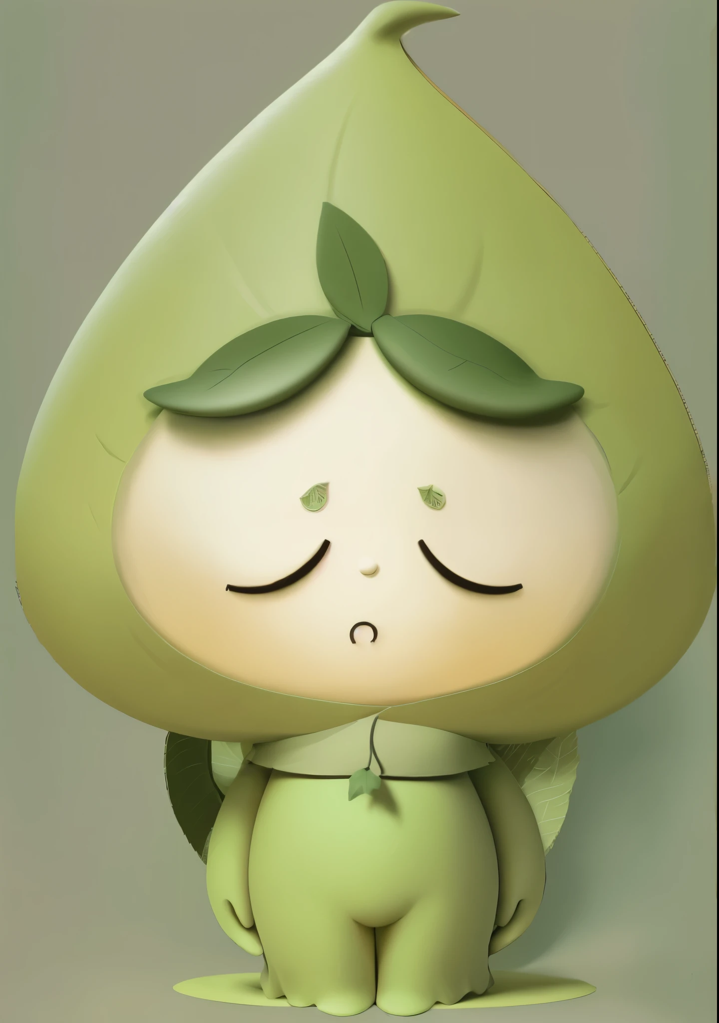 hat with leaves，Wrap the head with leaves and wrap the head with a flat 3D modeling model c4d rendering ultra-light clay material blind box hand-made style clean background，pastel colors，Fine line drawings，8k yellow paper ultra clear black blade，Tea anthropomorphic，IP image design，绿色的Tea anthropomorphic 可爱 色彩统一绿色