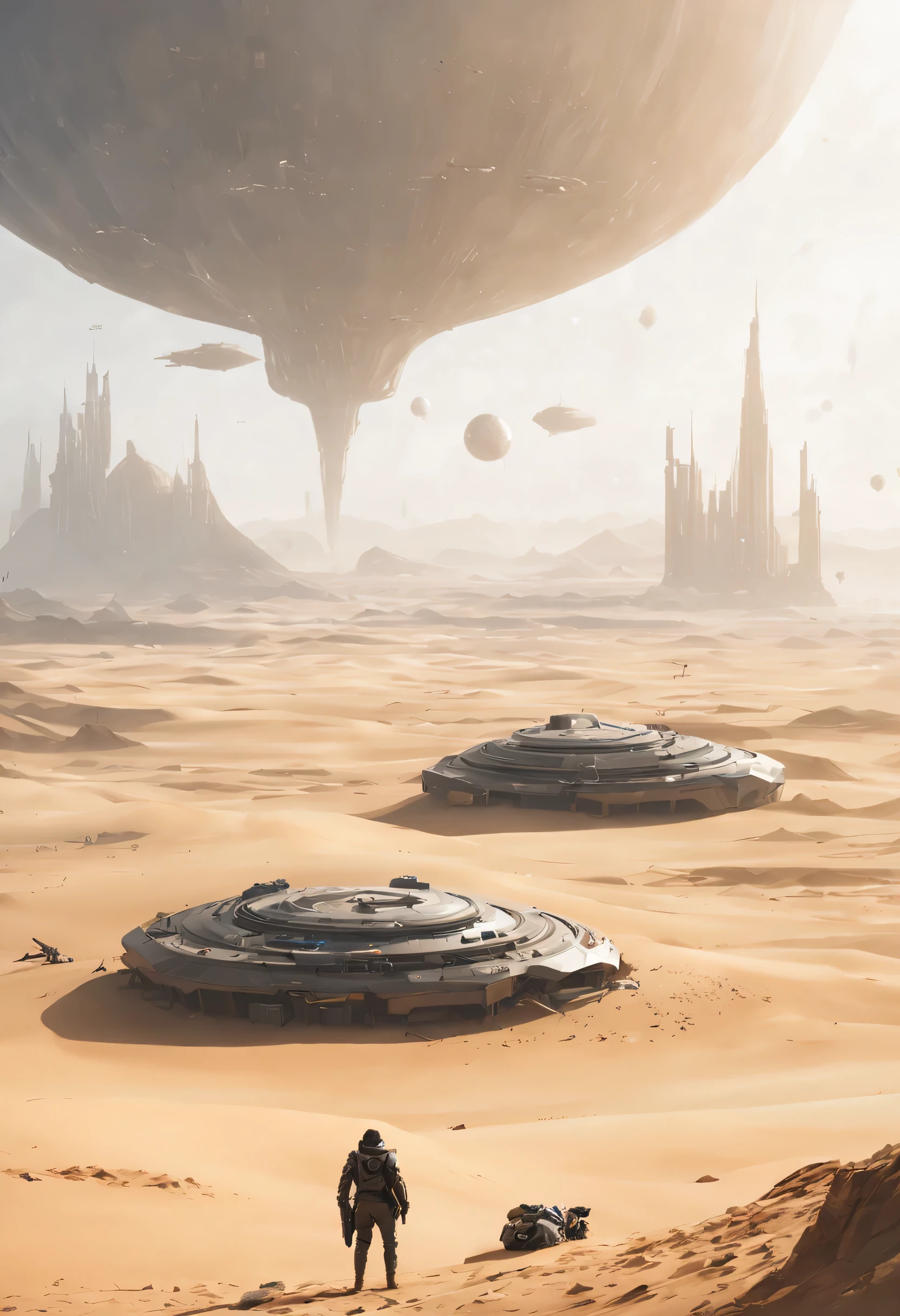 A beautiful art where Some persons looking around, Dune concept art,Clean and neat tones,Sci-fi base scene,Huge scene,Square-shaped complex,huge buildings,There are many ships in the air,Size contrast,Big scenes of war,smog,epic concept art,Fine 8K,vray,Wasteland Science Fiction