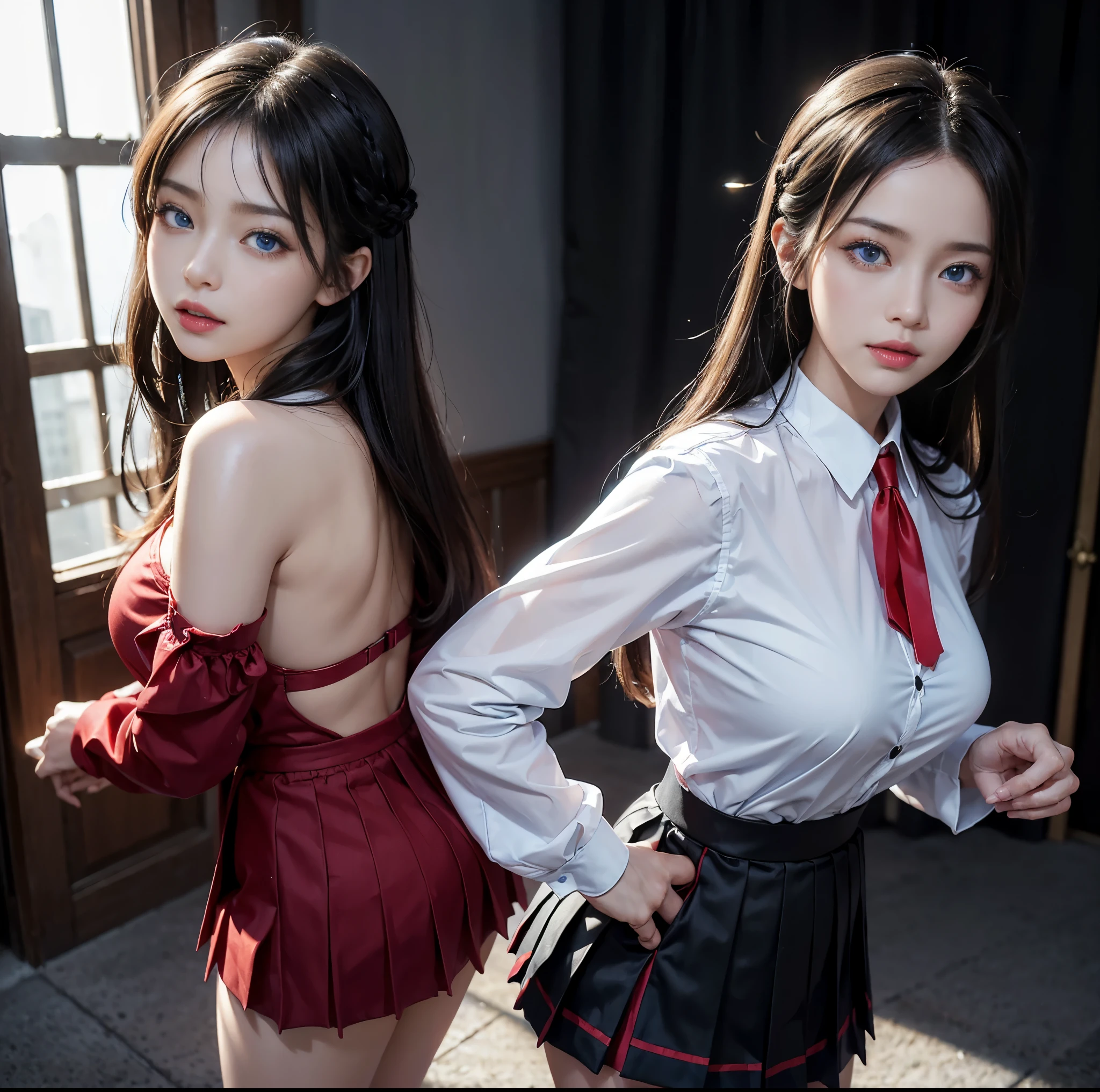 top-quality、 masterpiece、(Professional lighting without shadows)、 A hyper-realistic、 Bewitching、 perfect anatomia、 Two girls, (Girl proudly standing in front of camera shows off high school girl uniform ribbon ties、ther gire other side、Bend over and stick your butt out tds the camera), ( Huge breasts:1.2), and even whitening skin without wrinkles and steps), (Bright beautiful blue eyes with long black eyelashes and red tear bags reflected light:1.5)、 (Braided half-up hair with bangs:1.2), (Her outfit is、Dress up cramped uniform accurately:1.3), (Proudly showing off a crimson ribbon tie from the front:1.2), (Another girl on the or side、Tifully emphasize the proud ultra mini pleated skirt、Showing off a pose with the buttocks exposed from directly .3), (Beautiful face squinting in dazzling light:1.4), ssmile, ishiharasatomi,露出胸部、露出胸部、露出乳房、露出胸部、露出乳房、露出胸部、露出胸部、露出乳房,全身显示,全身显示露出胸部、露出胸部、露出乳房、