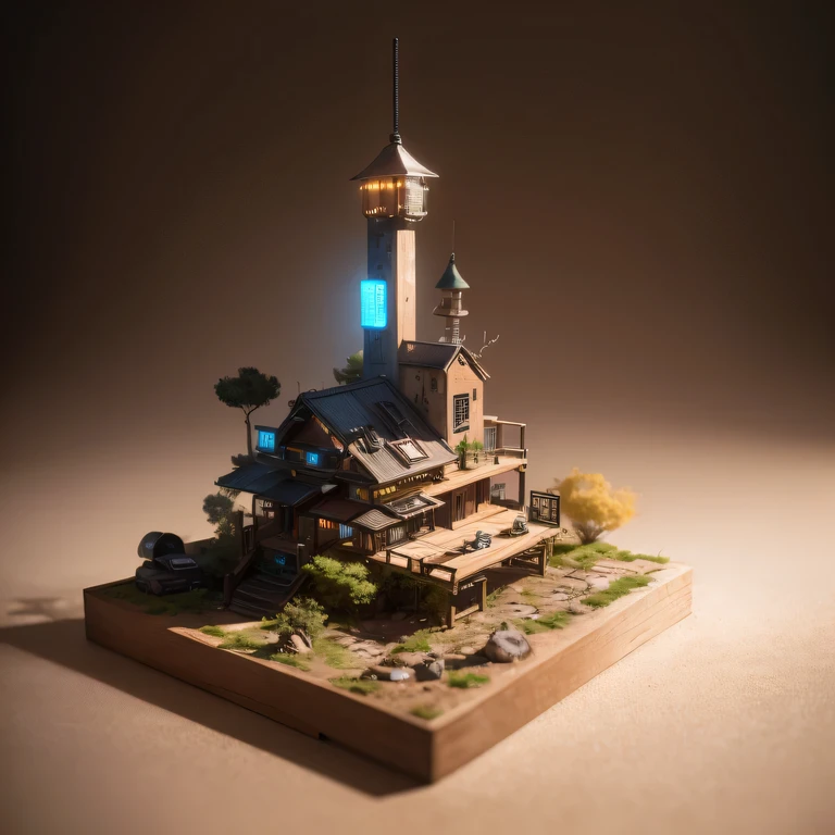 small realistic model, (bifurcation, original photo, best quality, masterpiece:1.4),Steampunk Cyberpunk 3916,(Cyberpunk light:1.3),on the table,horizon (related to land),(in a small nature box:1.3),Isometric, small nature, landscape on foundation,landscape,Distant focus（（Lunar soil background））