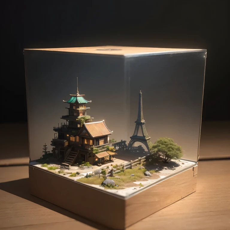 small realistic model, (bifurcation, original photo, best quality, masterpiece:1.4),Steampunk Cyberpunk 3916,(Cyberpunk light:1.3),on the table,horizon (related to land),(in a small nature box:1.3),Isometric, small nature, landscape on foundation,landscape,Distant focus((Lunar soil background))