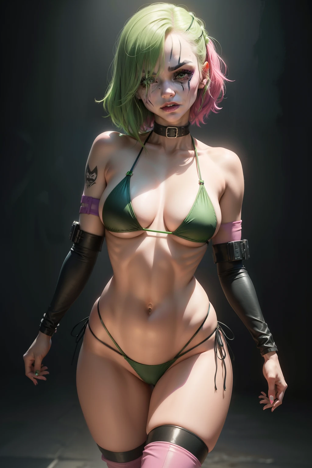 Joker female standing front position wearing ((micro string microstrip bikini)), wearing her iconic classic look. (pink and green look), straight green hair, micro string black bikini, Long black and pink boots: 1.2)cyberpunk, highlighting her beautiful body and showing her physical strength. Her face is extremely beautiful, with delicate and expressive features. The image was captured in incredible 8K using the Canon EOS R6, resulting in maximum quality and sharp details. Every aspect of the image is a true masterpiece, highlighting the dedication to detail and artistry behind this female joker depiction.