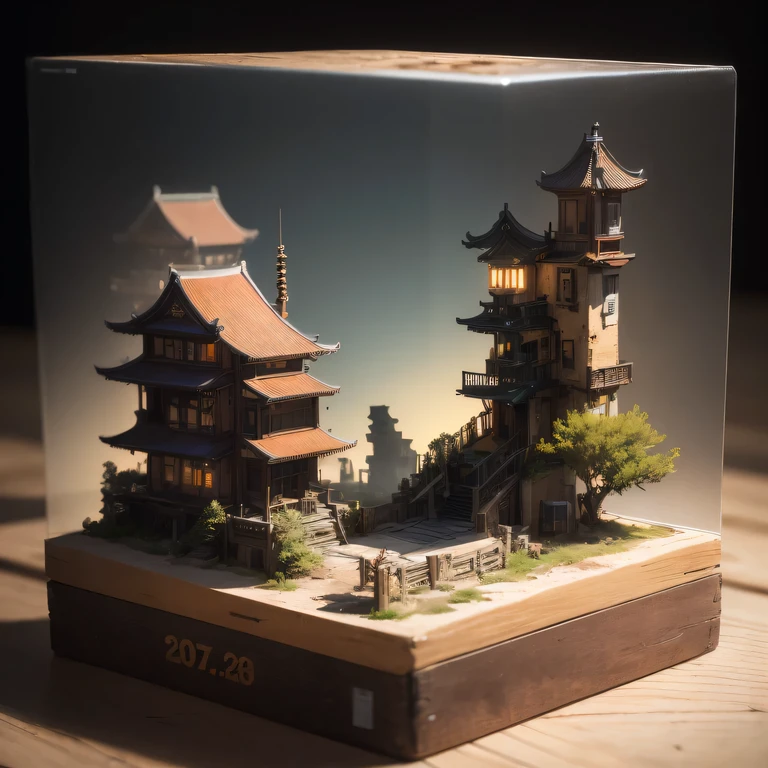 small realistic model, (bifurcation, original photo, best quality, masterpiece:1.4),Steampunk Cyberpunk 3916,(Cyberpunk light:1.3),on the table,horizon (related to land),(in a small nature box:1.3),Isometric, small nature, landscape on foundation,landscape,Distant focus((Lunar soil background))