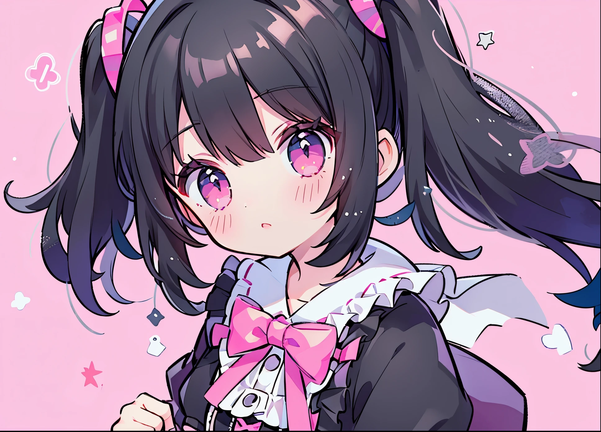 ((central)), ((Solo)), ((close subject)), masterpiece, dressed in Gothic Lolita clothes, black hair twintails, neon eyes, pink eyes, One girl, Solid pink background, invisible hands, The wind is blowing and the hair is fluttering