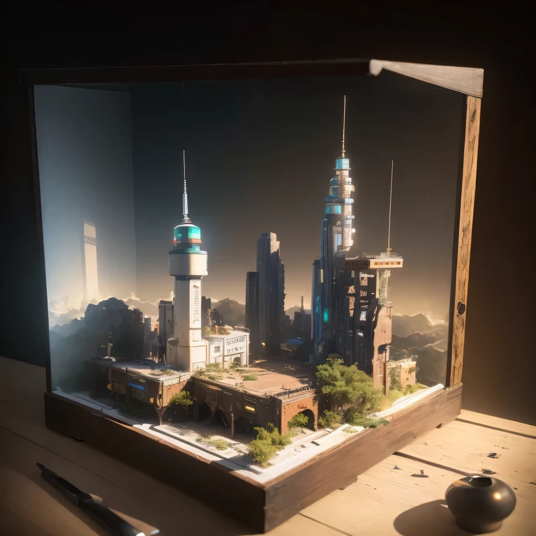 small realistic model, (bifurcation, original photo, best quality, masterpiece:1.4),Steampunk Cyberpunk 3916,(Cyberpunk light:1.3),on the table,horizon (related to land),(in a small nature box:1.3),Isometric, small nature, landscape on foundation,landscape,Distant focus（（Lunar soil background））