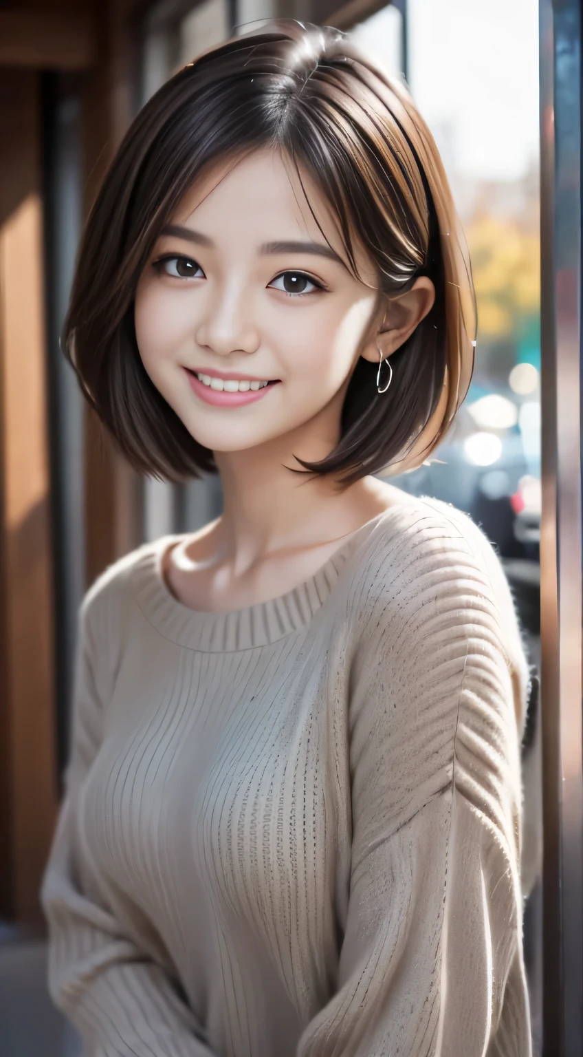 muste piece、best quality、illustration、 Super detailed、fine details、 High resolution、8K Dende Wallpaper、perfect dynamic composition、Cute 19 year old college girl、sweet girl、detailed beautiful face、detailed cute eyes、textured skin、modest smile、short cut hair、small breasts、winter casual wear、bold sexy pose、